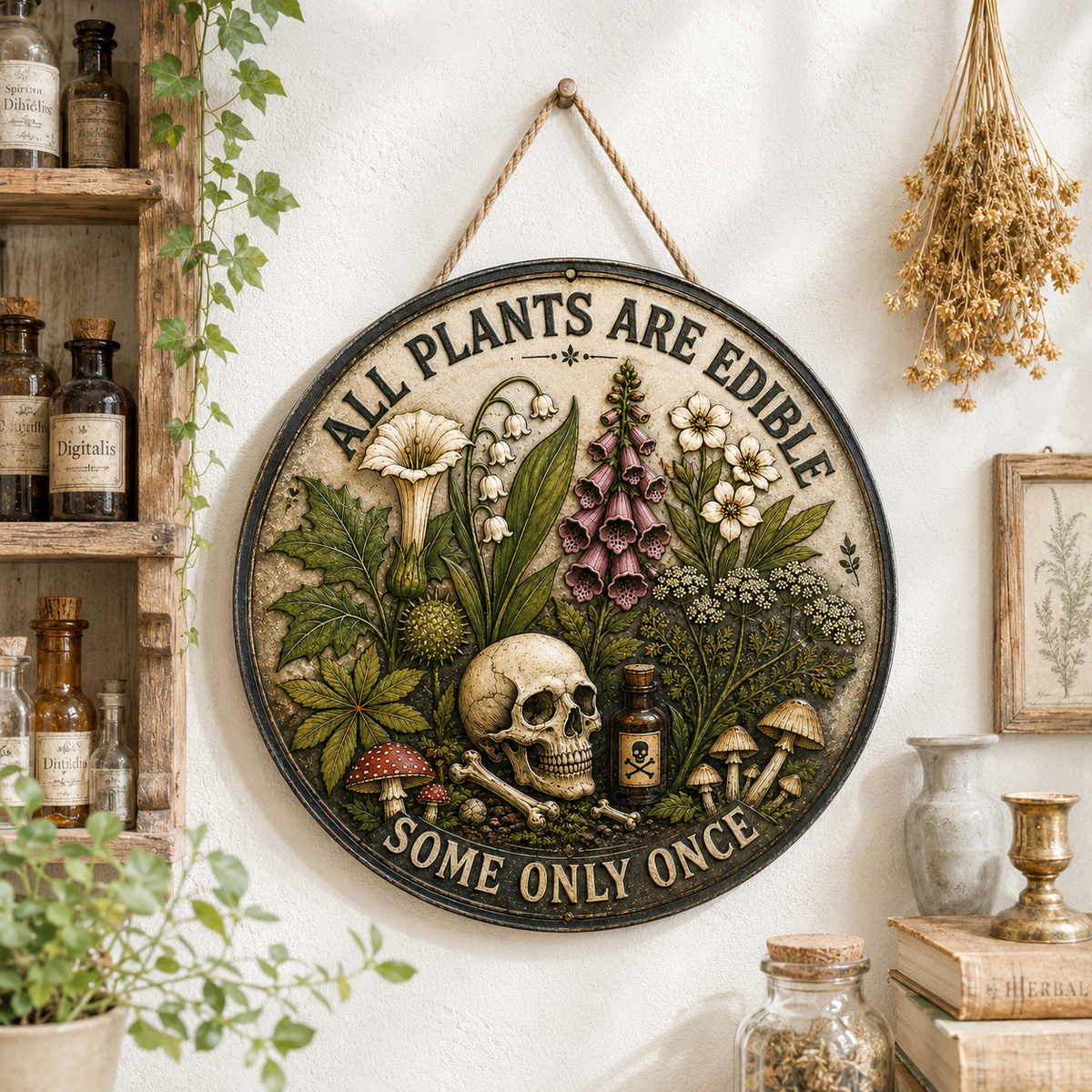 All Plants Are Edible Round Metal Sign, Funny Gothic Botanical Metal Sign, Dark Humor Plant Lover Gift, Mushroom Skull Decor