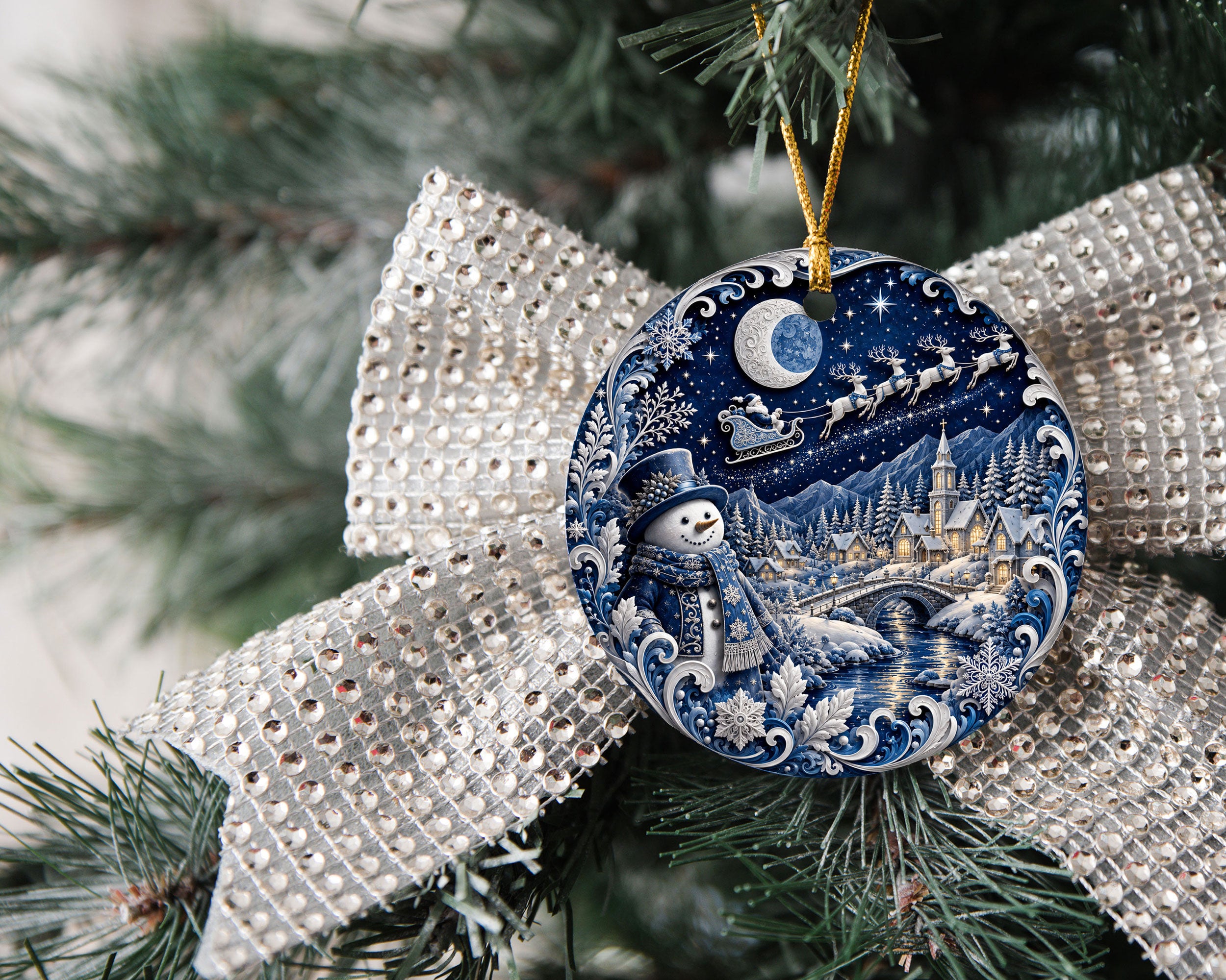 Blue Christmas Village Ornament 2026, Snowman Holiday Ornament, Ceramic Christmas Decoration