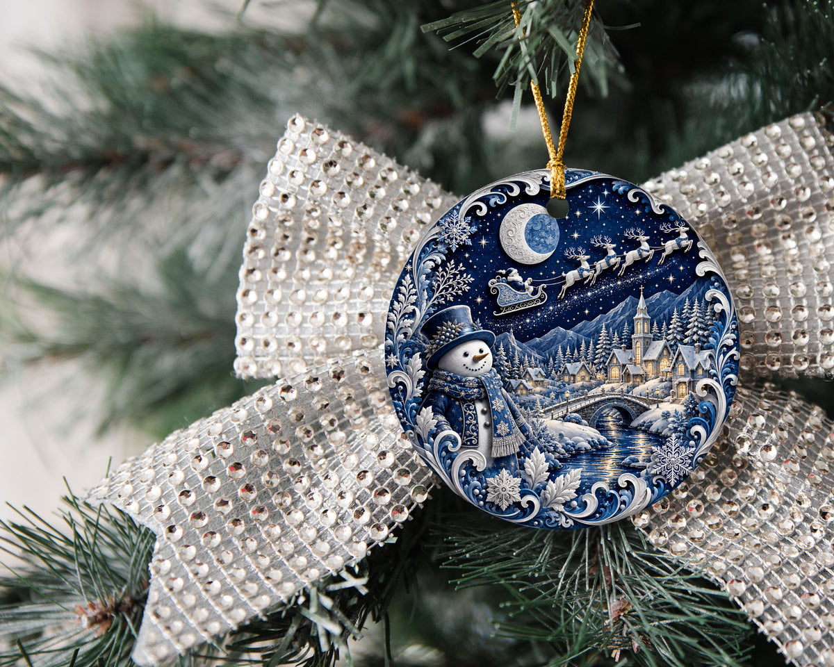 Blue Christmas Village Ornament 2026, Snowman Holiday Ornament, Ceramic Christmas Decoration