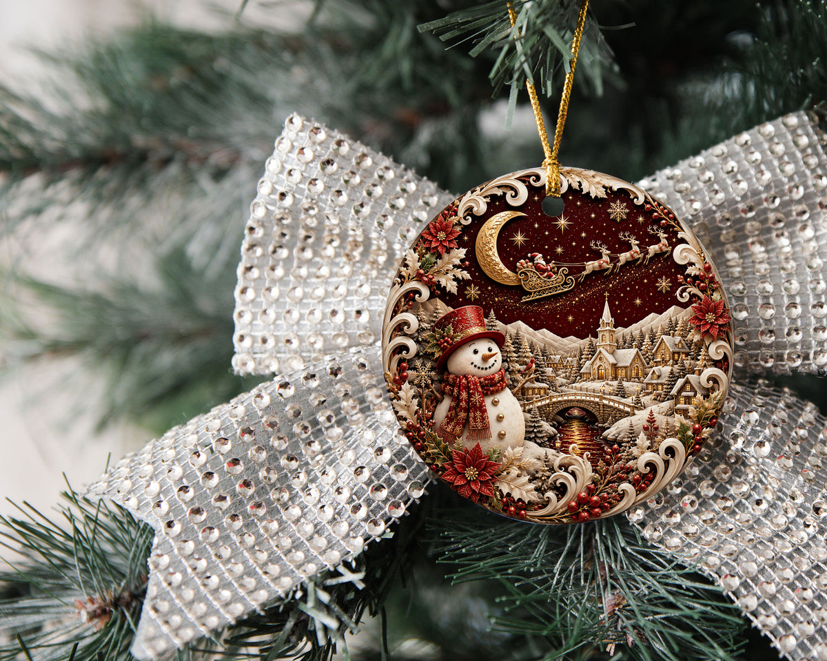 Red Snowman Christmas Ornament 2026, Winter Village Tree Ornament, Ceramic Holiday Decoration