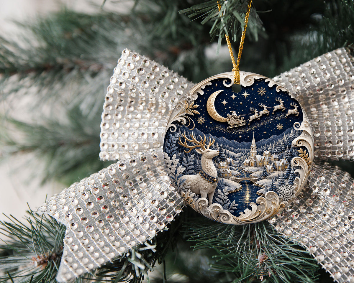 Deer Christmas Ornament 2026, Blue Winter Tree Ornament, Ceramic Christmas Decoration, Holiday Keepsake Gift