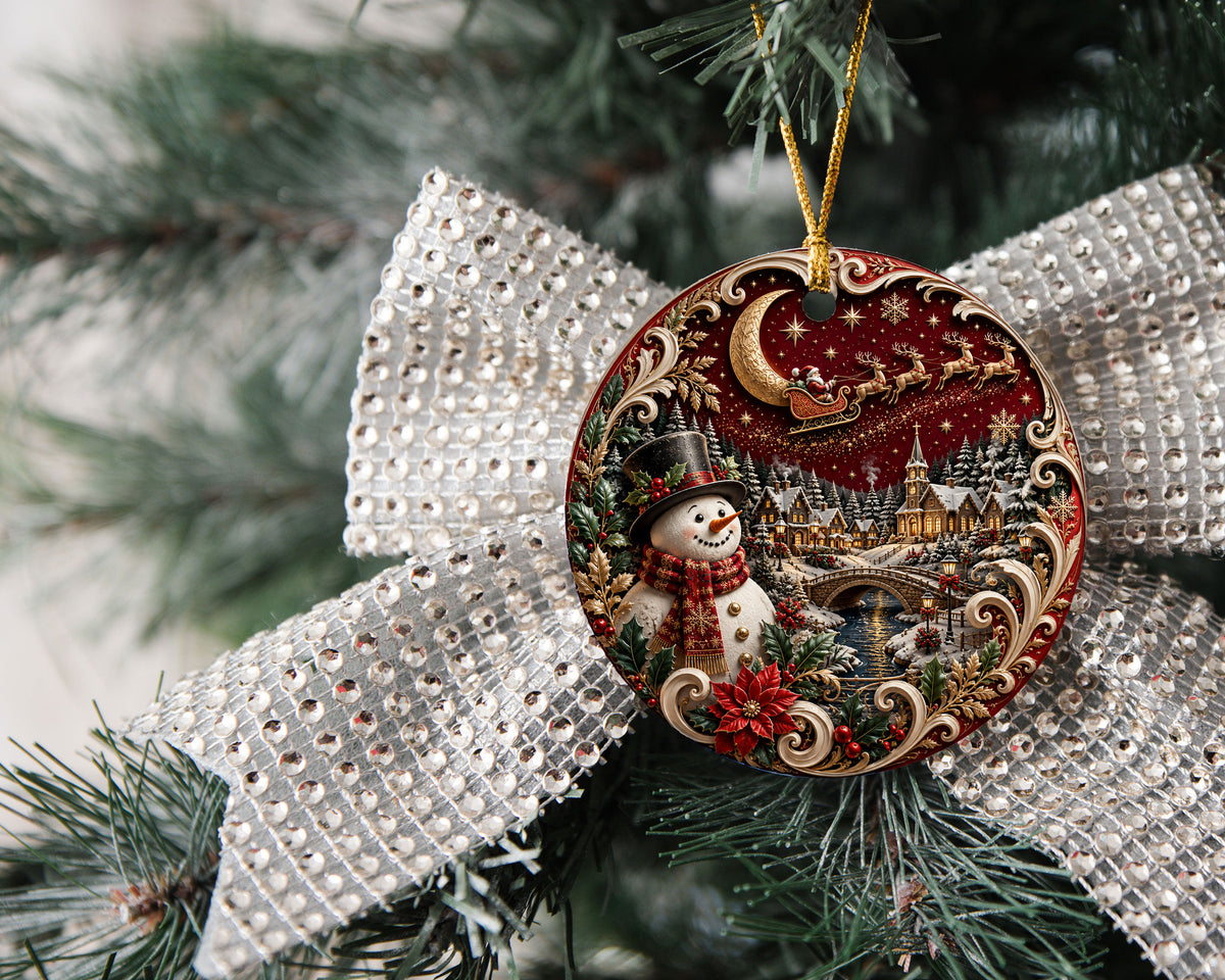 Christmas Tree Ornament 2026 with Snowman and Winter Village, Red Ceramic Ornament, Holiday Decoration