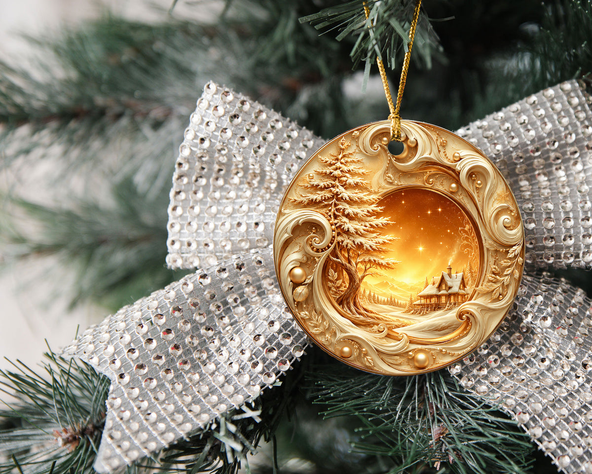 Golden Christmas Tree Ornament 2026, Tree of Life Ceramic Ornament, Winter Landscape Holiday Decoration, Christmas Gift Keepsake