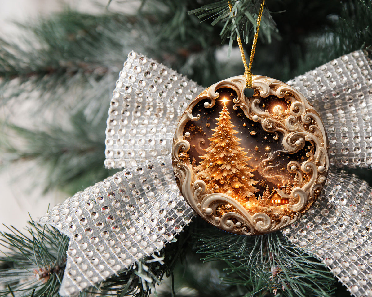 Elegant Christmas Tree Ornament 2026, Golden Winter Landscape Ornament, Holiday Keepsake Decoration