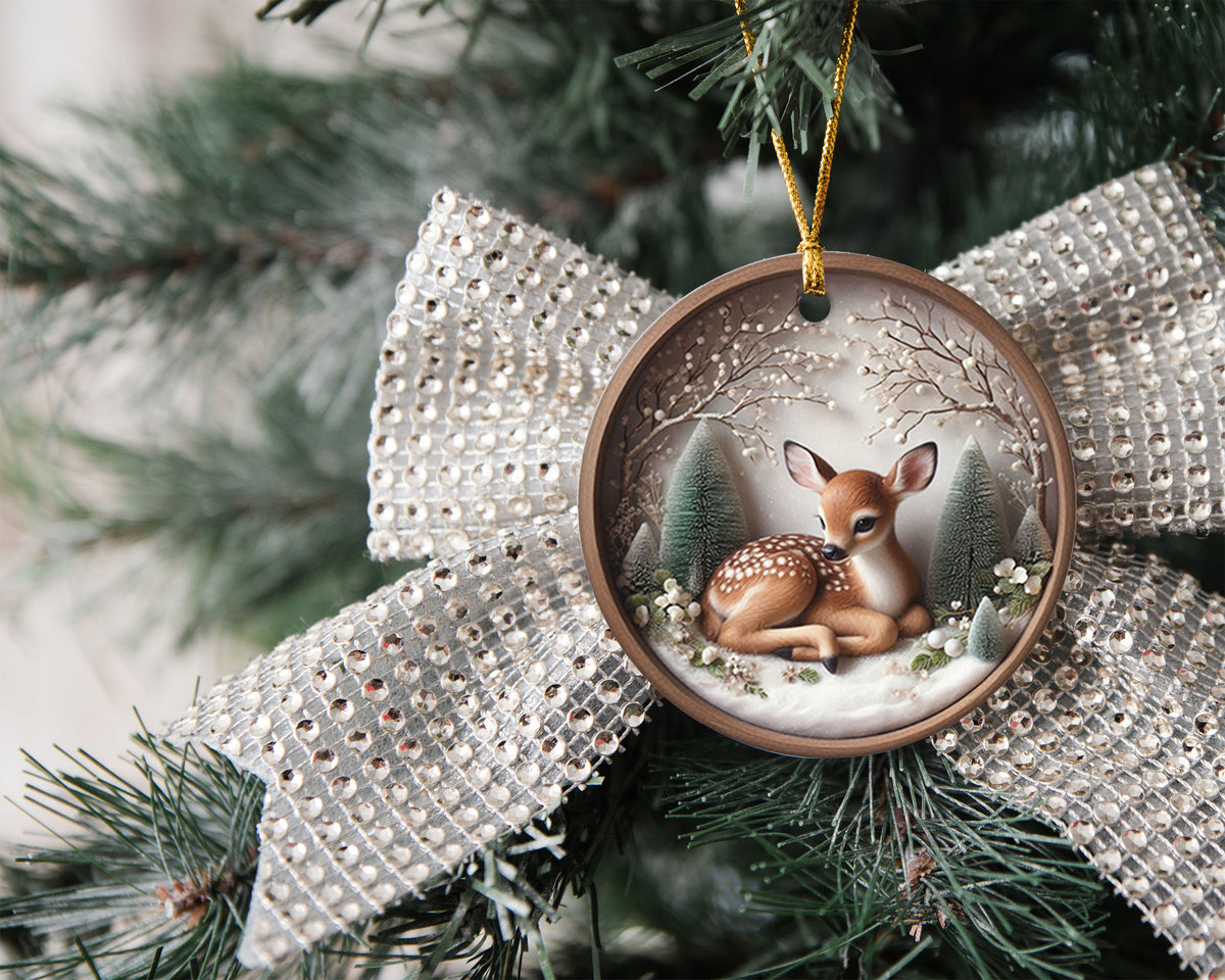 Woodland Deer Ornament 2026, Rustic Christmas Ceramic Ornament, Forest Holiday Tree Decoration