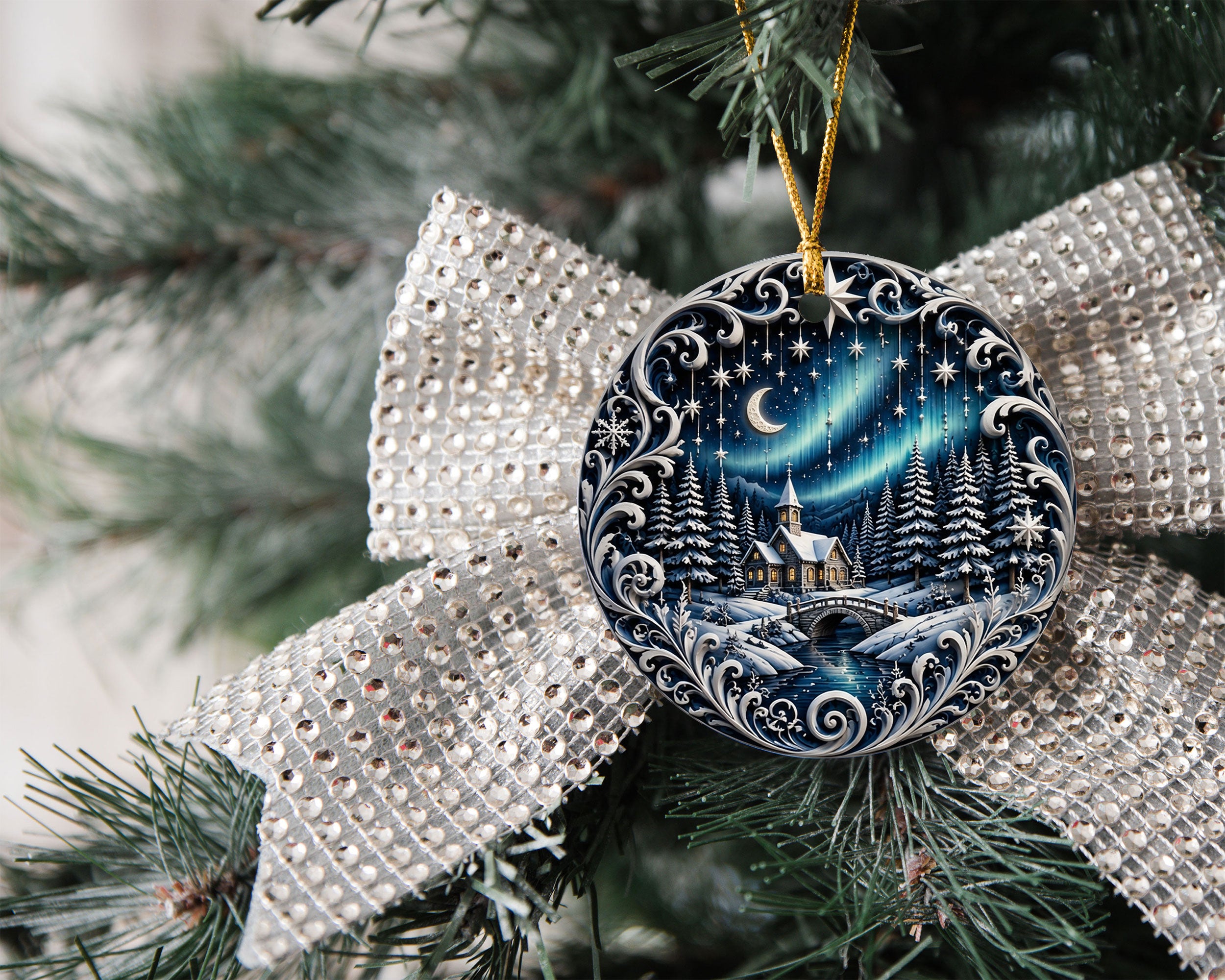 Aurora Borealis Christmas Night Ornament 2026, Moonlit Winter Village Ceramic Ornament, Holiday Tree Decoration