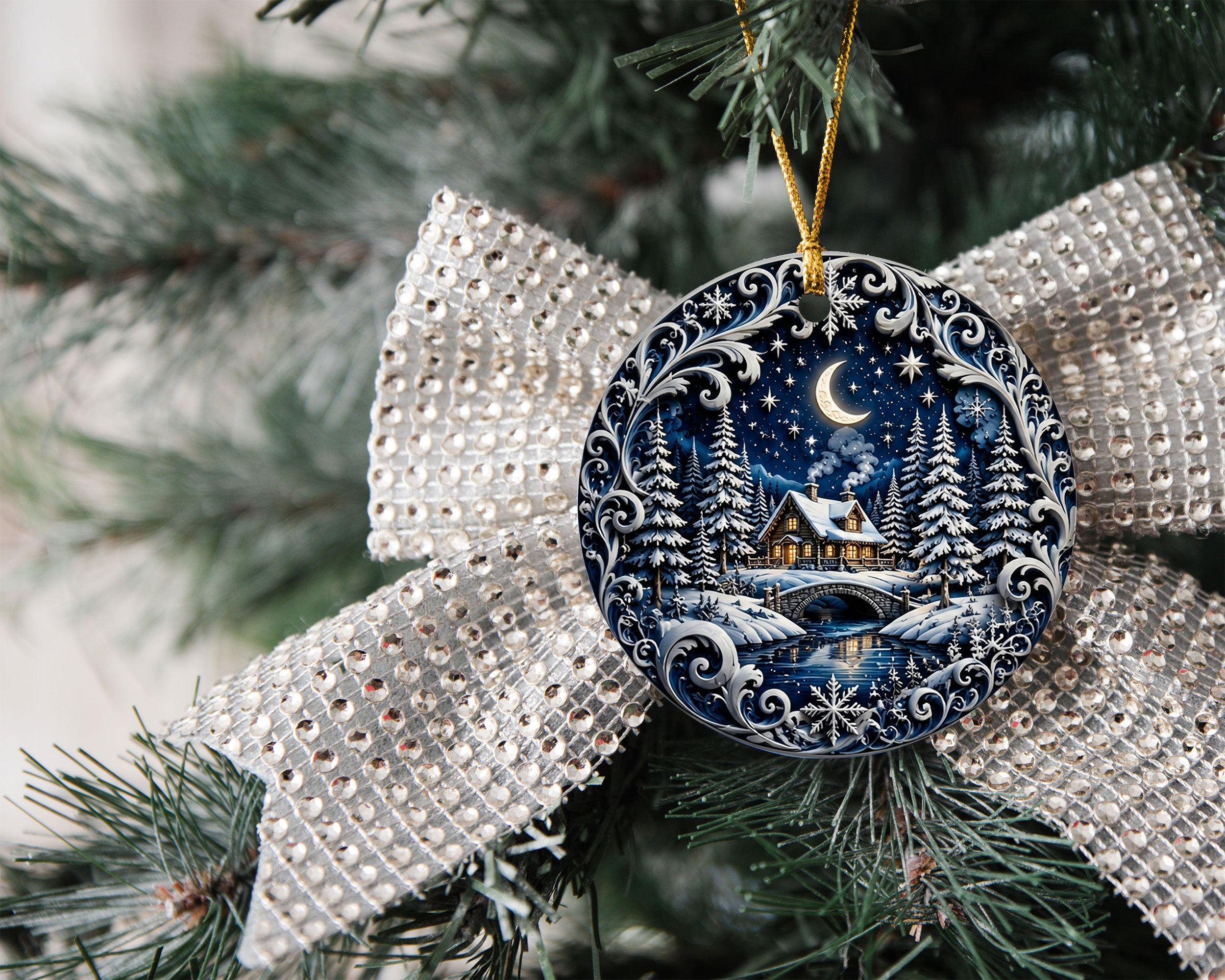 Winter Christmas Eve Ornament 2026, Moonlit Snowy Village Ceramic Ornament, Holiday Tree Decoration