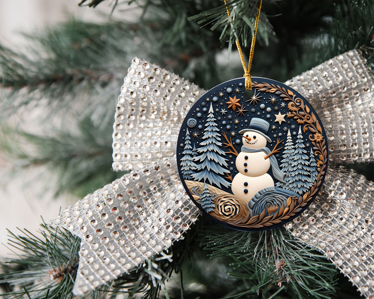 Snowman Starry Night Christmas Ornament, Custom Name 2025 Winter Keepsake, Cute Snow Scene Holiday Tree Decoration