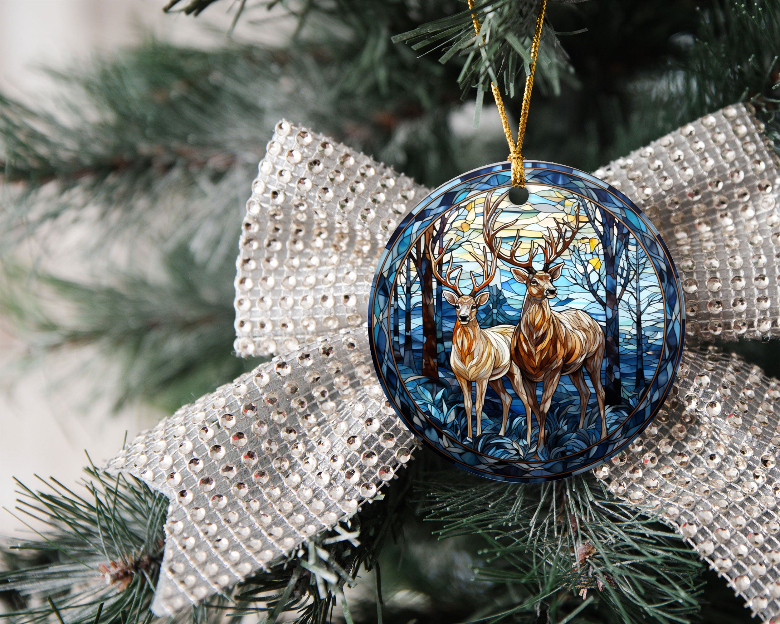 Stained Glass Deer Couple Christmas Ornament 2026, Buck and Doe Ornament, Woodland Christmas Tree Decor