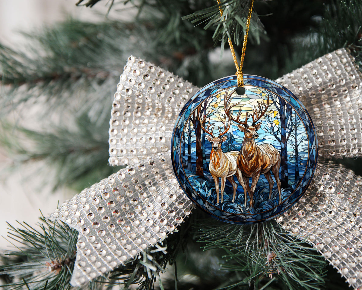 Stained Glass Deer Couple Christmas Ornament 2026, Buck and Doe Ornament, Woodland Christmas Tree Decor