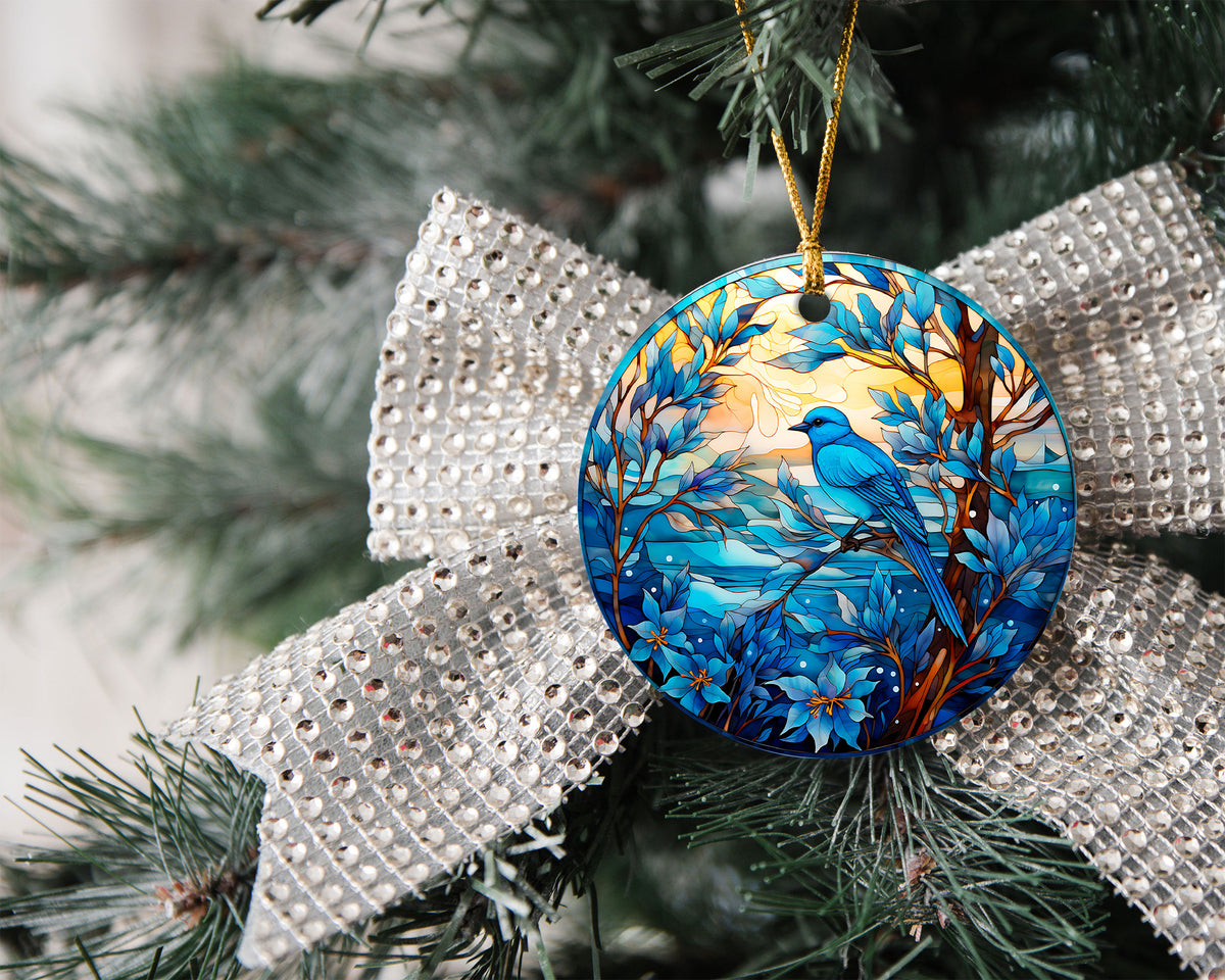 Blue Bird Christmas Ornament 2026, Stained Glass Style Bird Ornament, Winter Bird Tree Decor, Nature Lover Gift, Blue Songbird Keepsake, Holiday Ornament