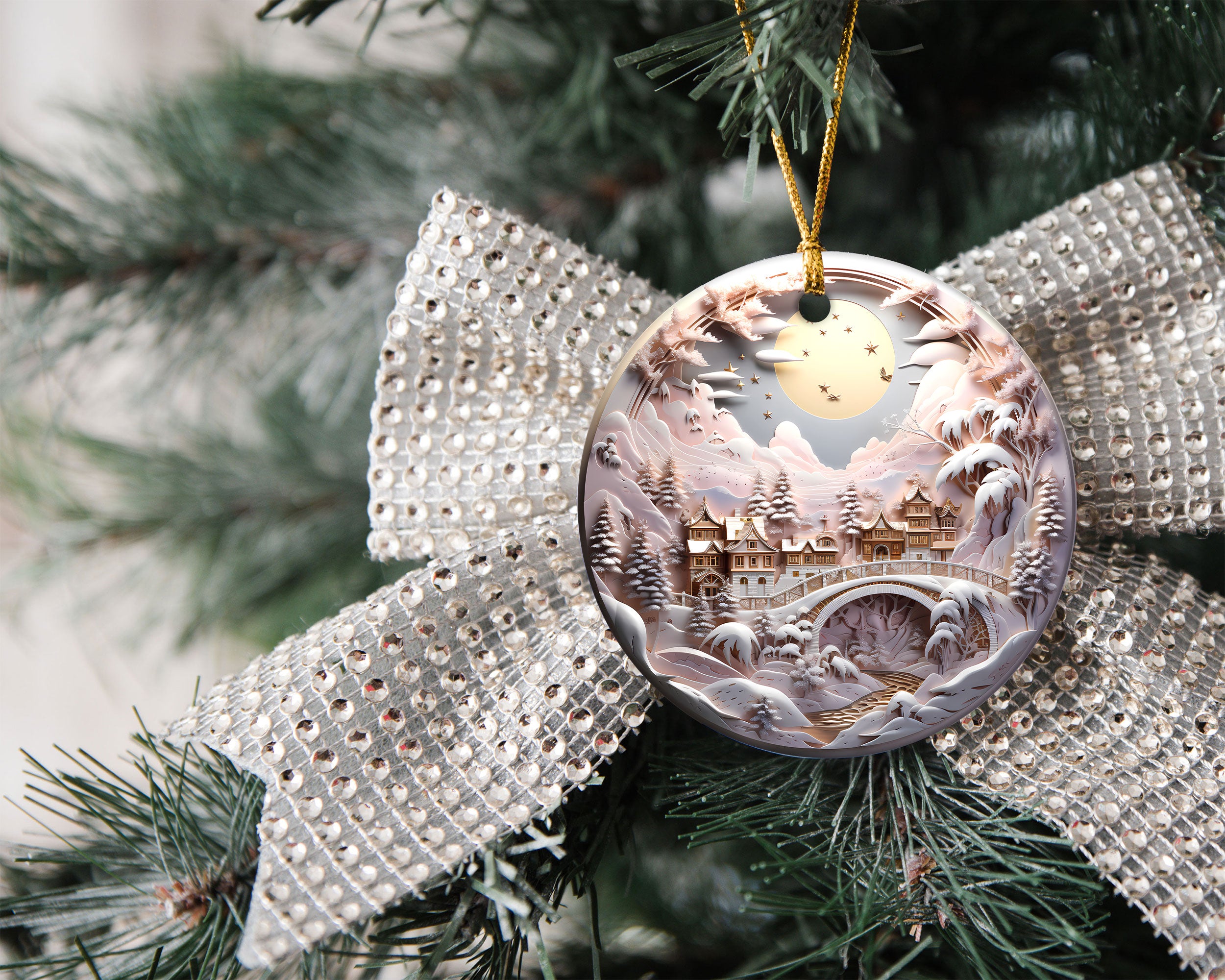 Snowy Castle Christmas Ornament 2026, Fairytale Pink Landscape Ceramic Ornament, Fantasy Holiday Tree Decor, Winter Christmas Keepsake Gift