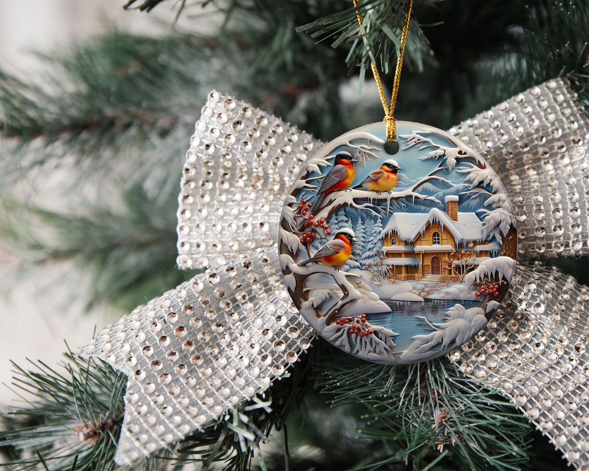 Winter Birds Christmas Ornament 2026, Snowy Cardinal Bird Cottage Ceramic Ornament, Rustic Cabin Holiday Tree Decor