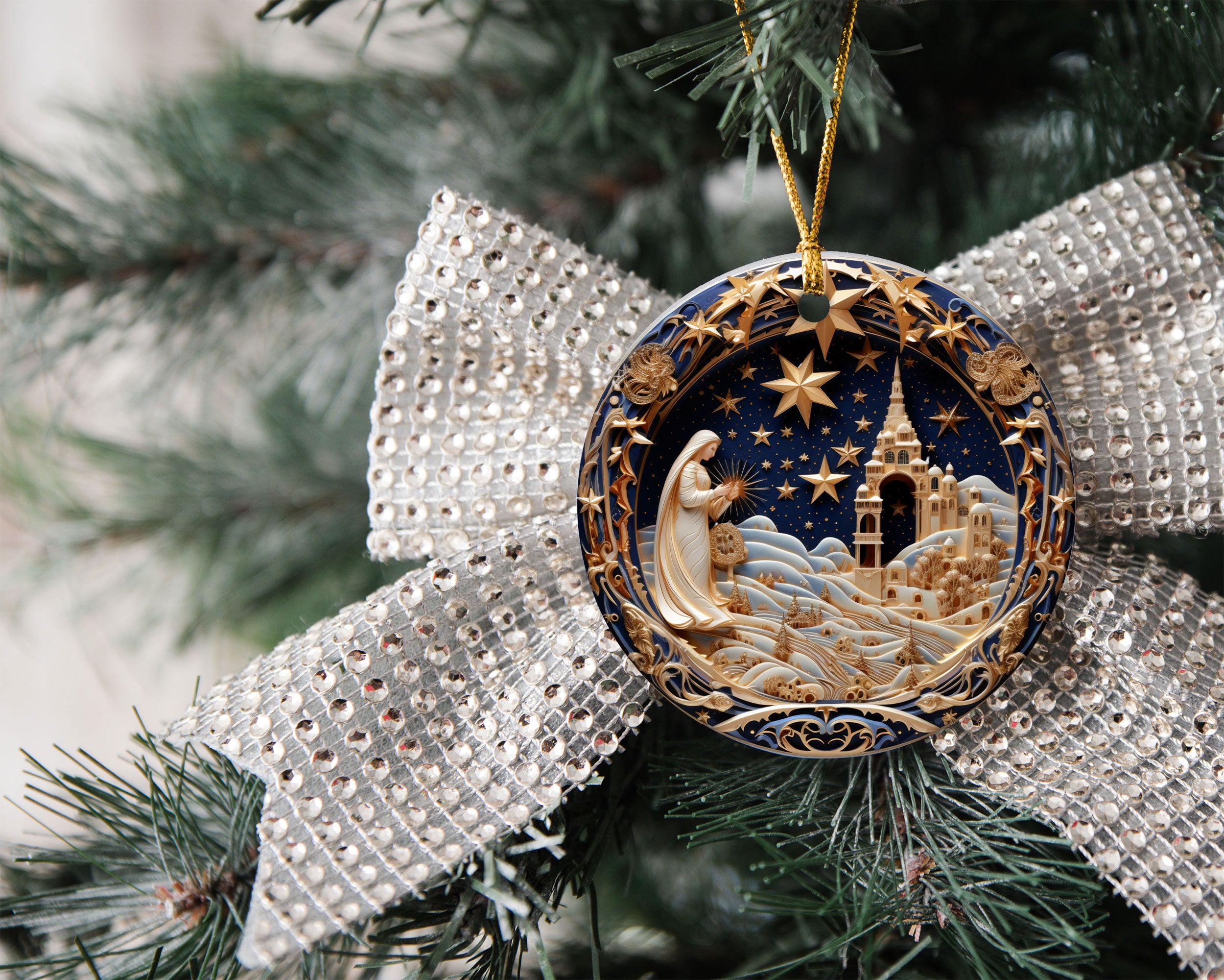 Religious Christmas Ornament 2026, Nativity Star Ceramic Ornament, Holy Night Christian Christmas Tree Decor