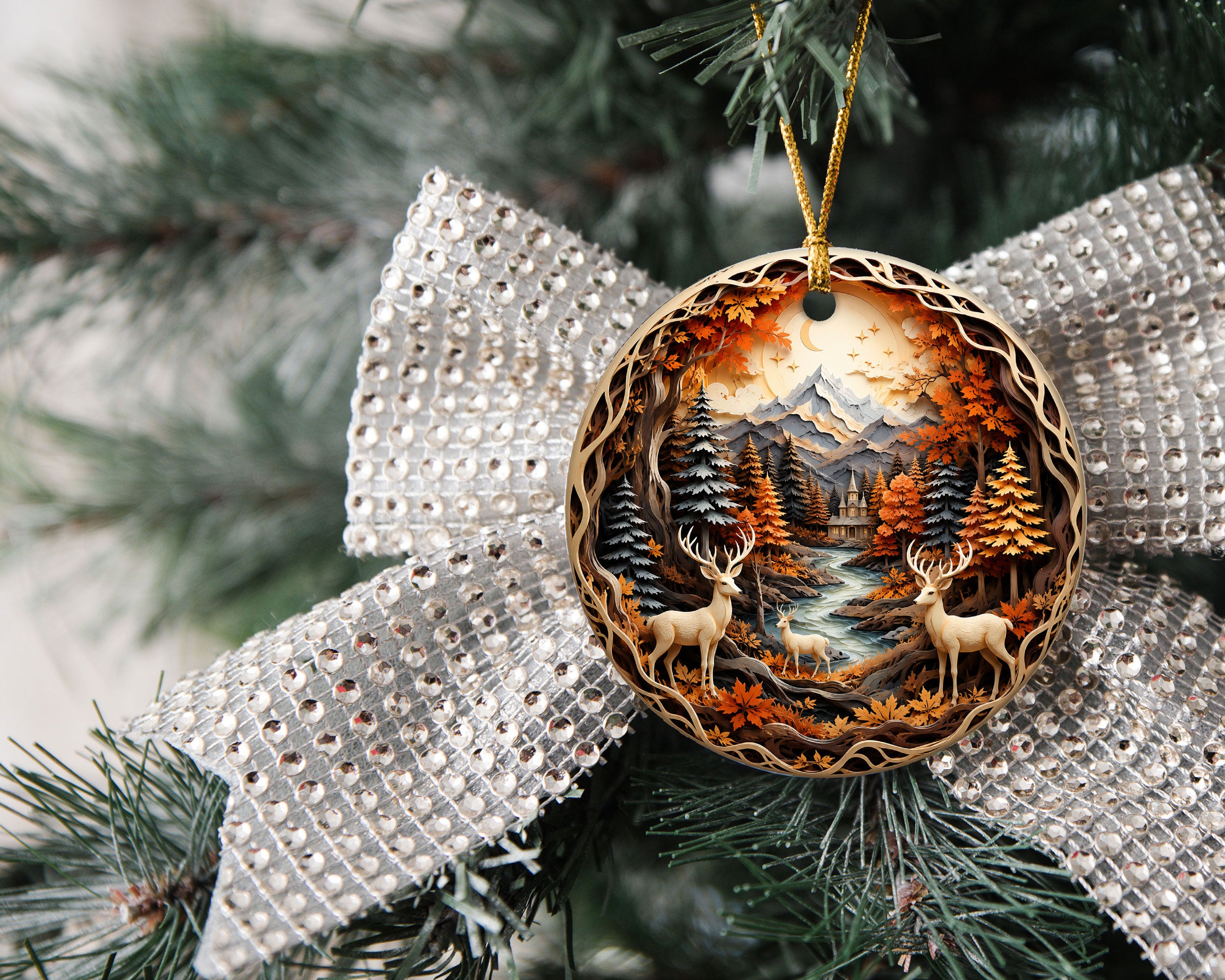 Christmas Deer Ornament 2026, Woodland Forest Christmas Tree Decor, Rustic Holiday Ornament, Winter Cabin Scene