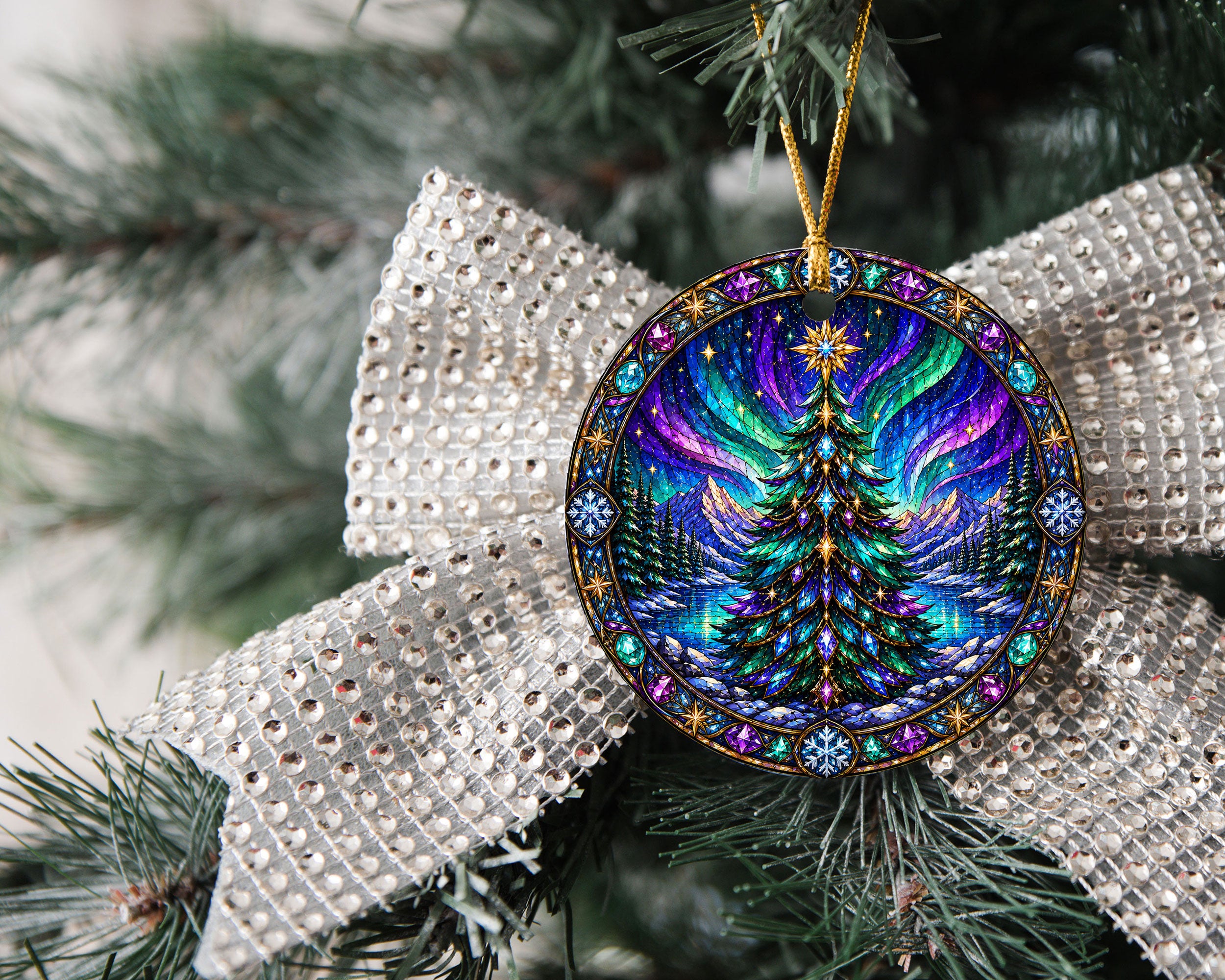 2026 Christmas Ornament, Aurora Tree Ornament, Winter Christmas Decoration, Holiday Keepsake, Snowy Mountain Tree Decor
