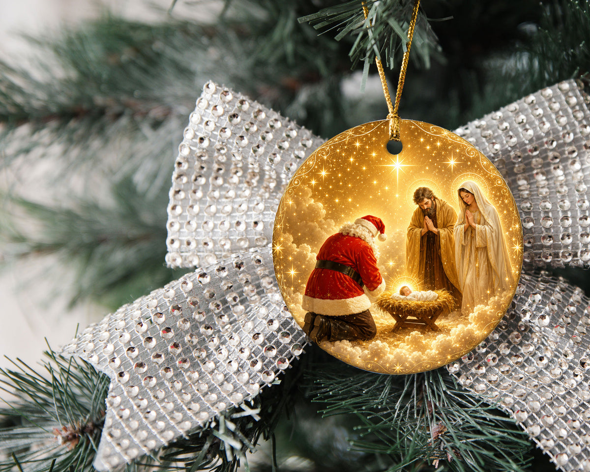 Religious Christmas Ornament 2026 with Santa and Nativity Scene, Baby Jesus Holy Family Christmas Tree Decoration