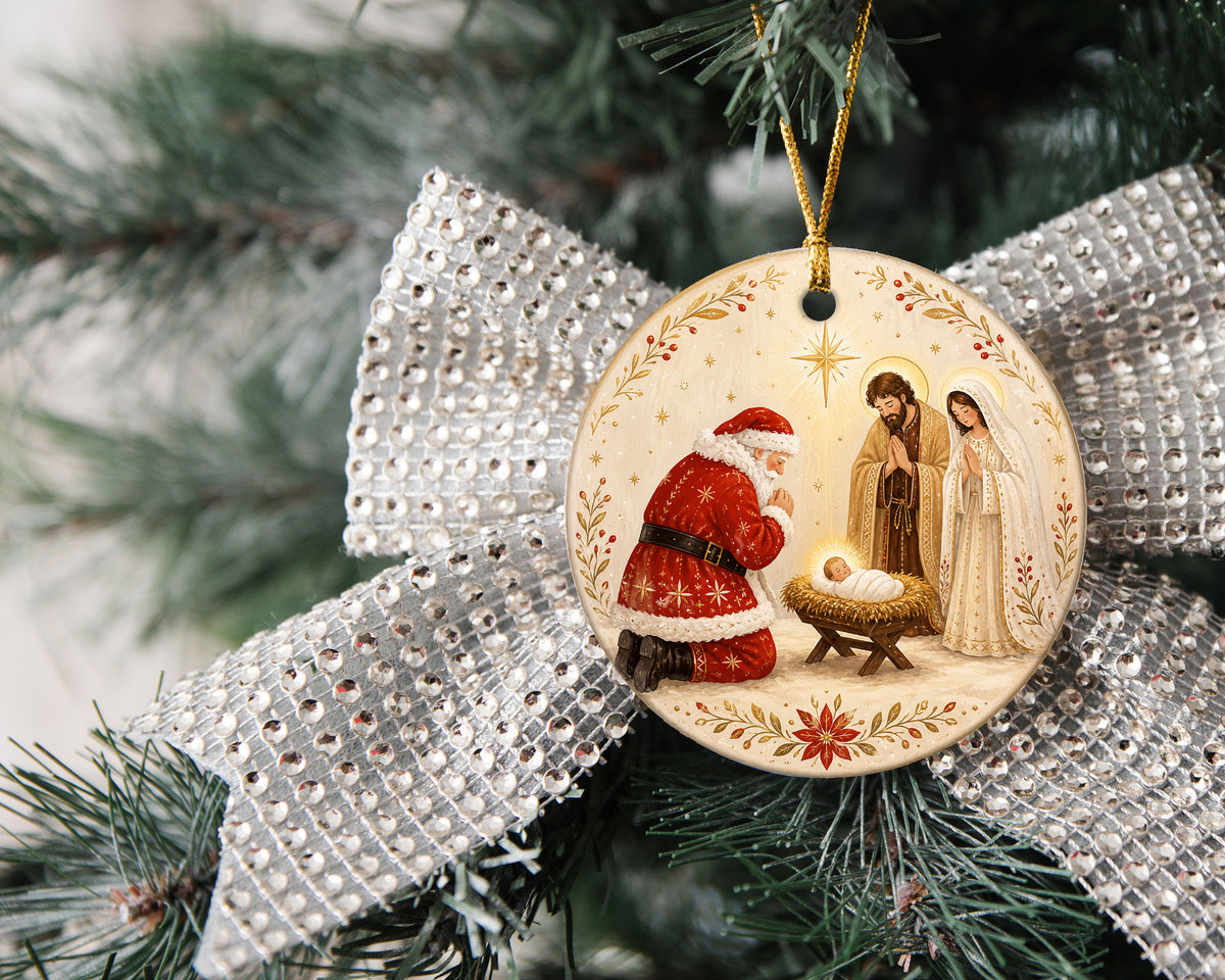 Nativity Christmas Ornament 2026, Santa and Baby Jesus Religious Ornament, Holy Family Christmas Tree Decor