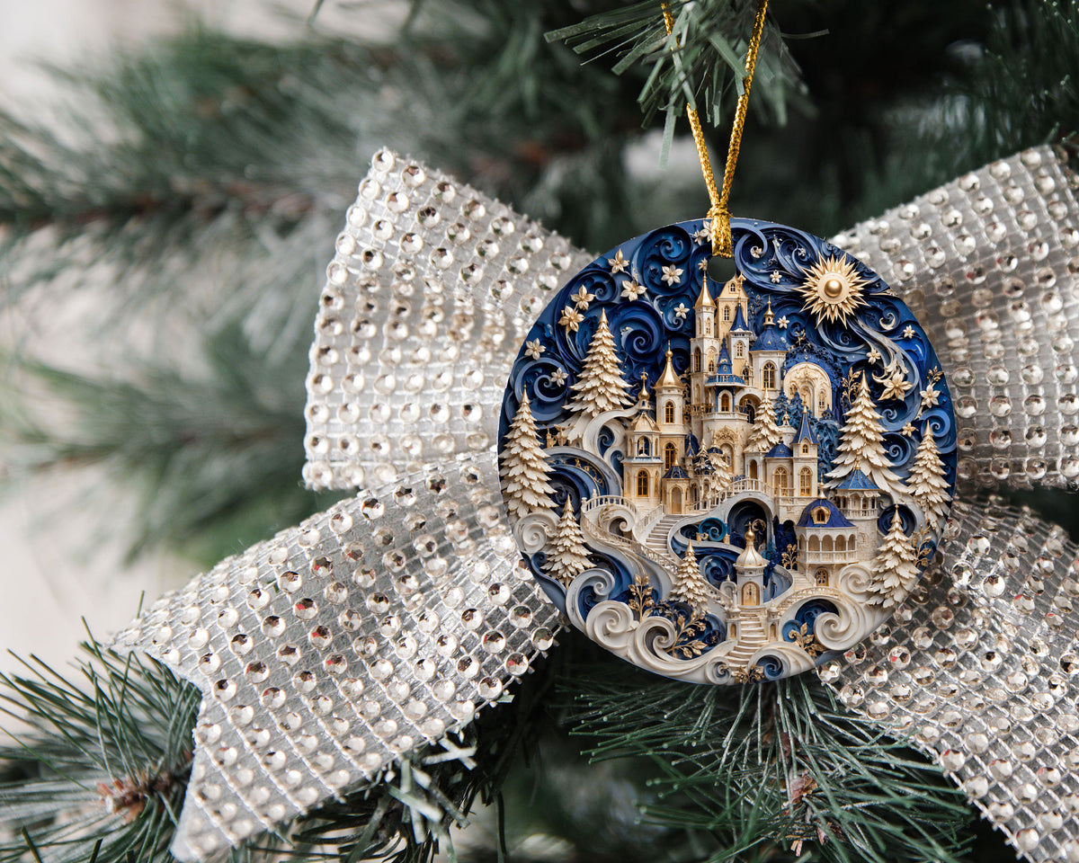 Christmas Castle Ornament 2026, Snowy Winter Village Decoration, Blue Holiday Tree Ornament, Christmas Keepsake Gift, Festive Home Decor