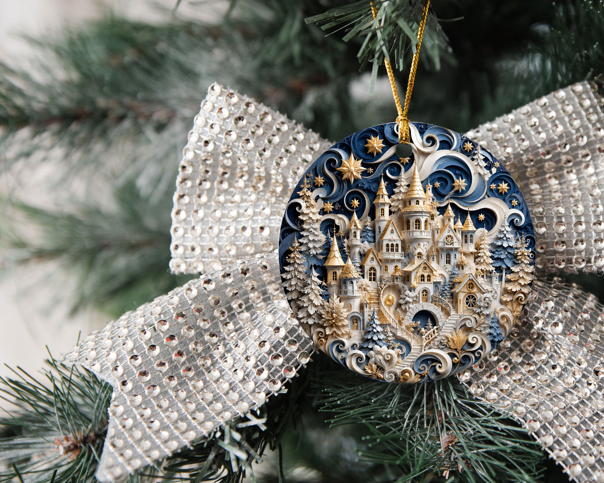 Blue Winter Christmas Ornament 2026, Snowy Castle Tree Ornament, Christmas Village Holiday Decoration