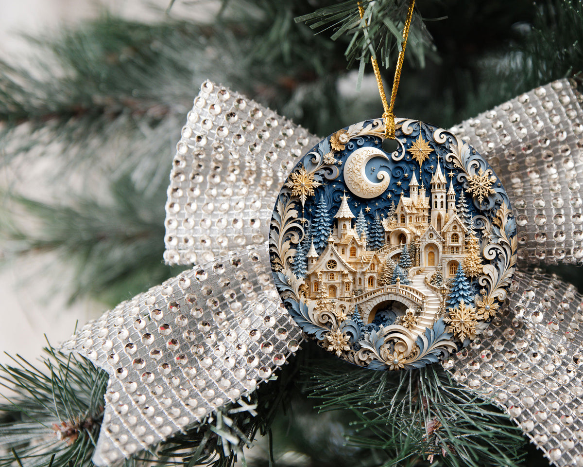 Snowy Christmas Village Ornament 2026, Blue Castle Christmas Tree Decor, Holiday Ornament Keepsake, Winter Christmas Gift for Loved Ones