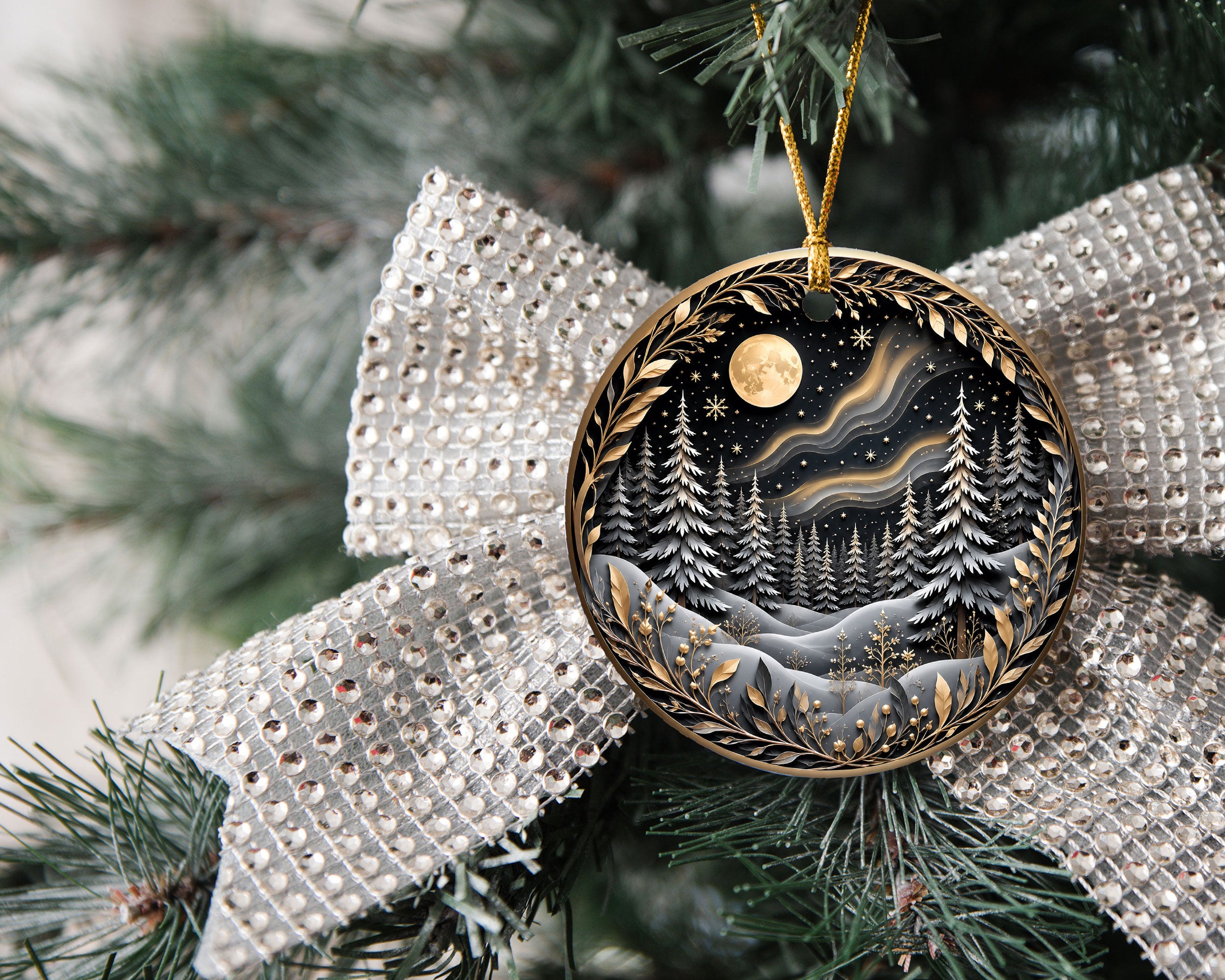 Christmas Tree Ornament 2026, Winter Forest Scence Ornament, Gold Black Christmas Decor, Holiday Keepsake Gift for Family and Friends