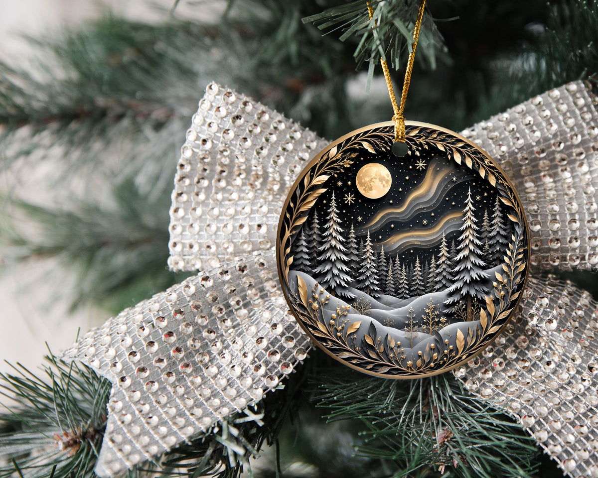 Christmas Tree Ornament 2026, Winter Forest Scence Ornament, Gold Black Christmas Decor, Holiday Keepsake Gift for Family and Friends