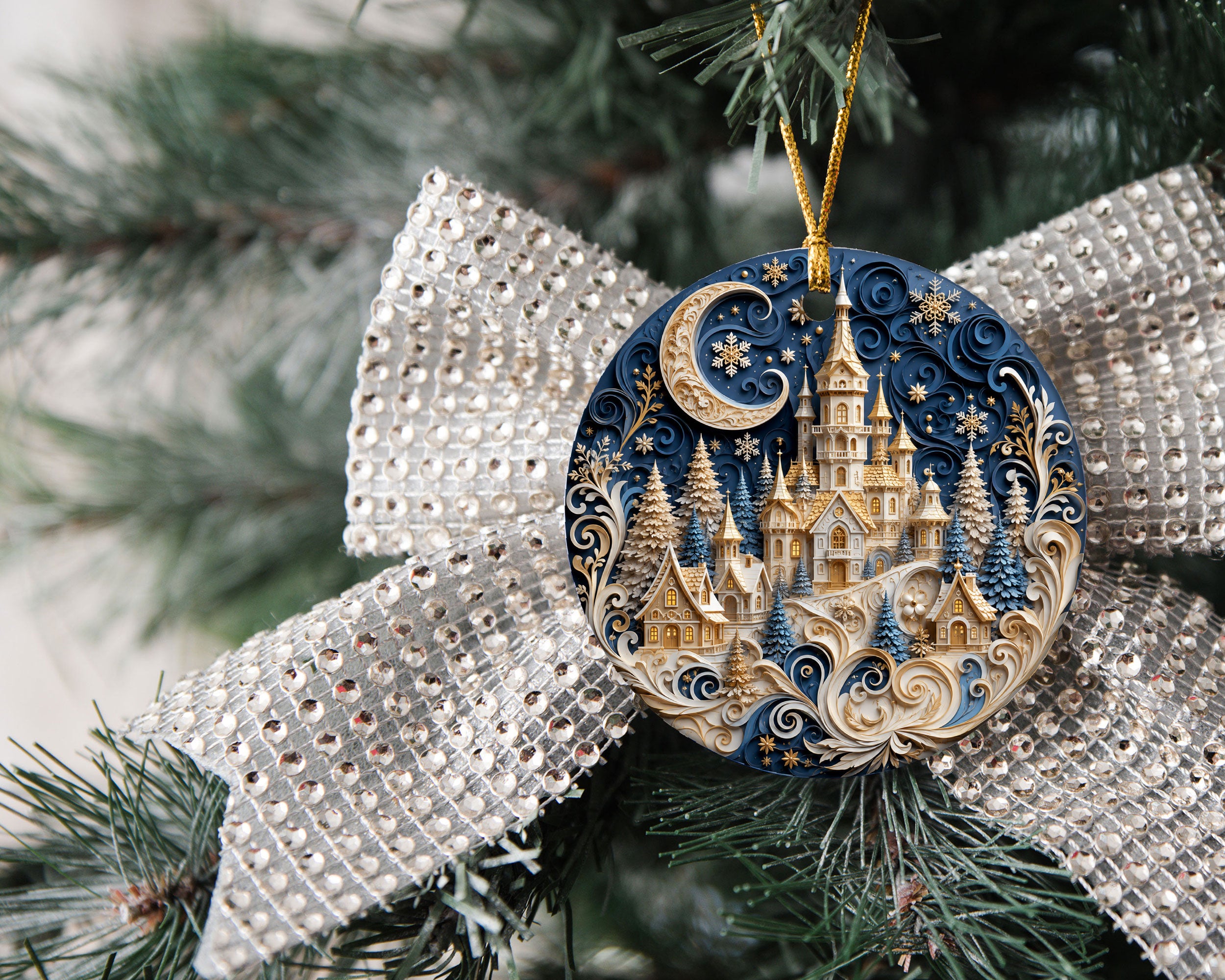 Blue Christmas Castle Ornament 2026, Winter Castle Christmas Ornament, Snowy Village Tree Decor, Holiday Keepsake Gift