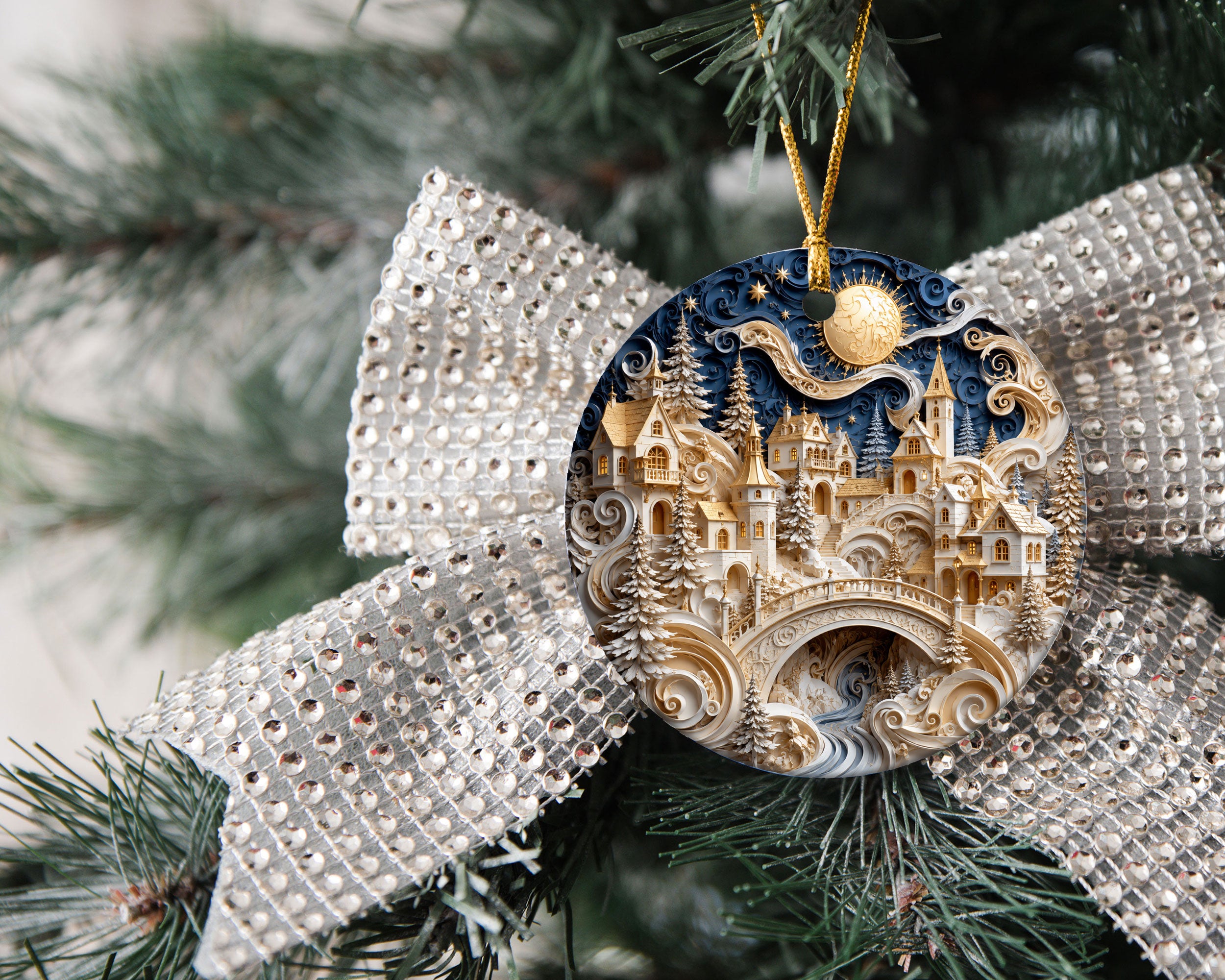 Winter Castle Christmas Ornament 2026, Blue and White Christmas Tree Ornament, Snowy Holiday Village Decor, Festive Keepsake Gift for Family