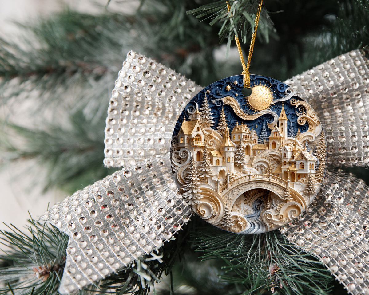 Winter Castle Christmas Ornament 2026, Blue and White Christmas Tree Ornament, Snowy Holiday Village Decor, Festive Keepsake Gift for Family