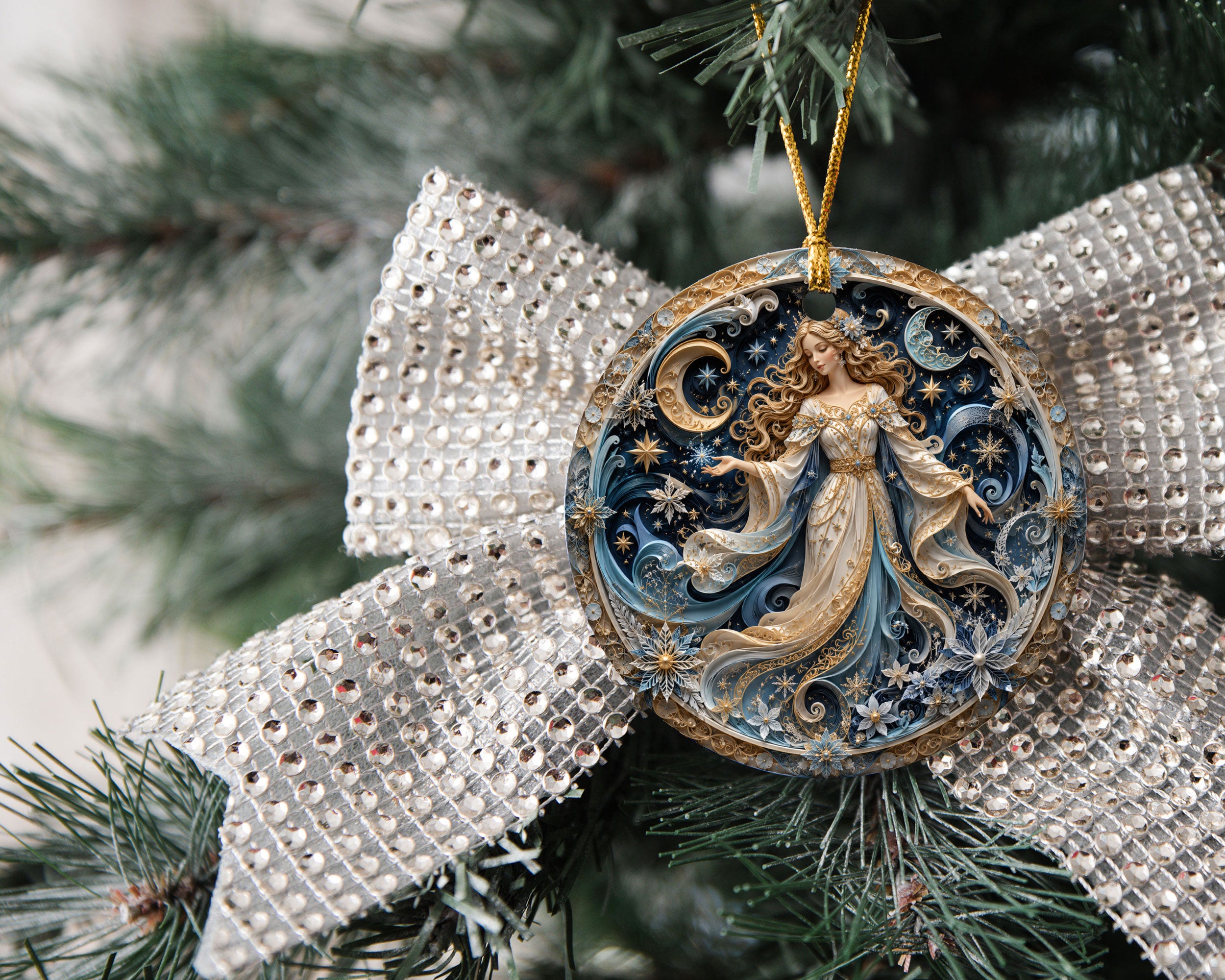 Celestial Angel Ornament 2026, Moon and Stars Christmas Ornament, Elegant Winter Fairy Tree Decor, Holiday Keepsake Gift