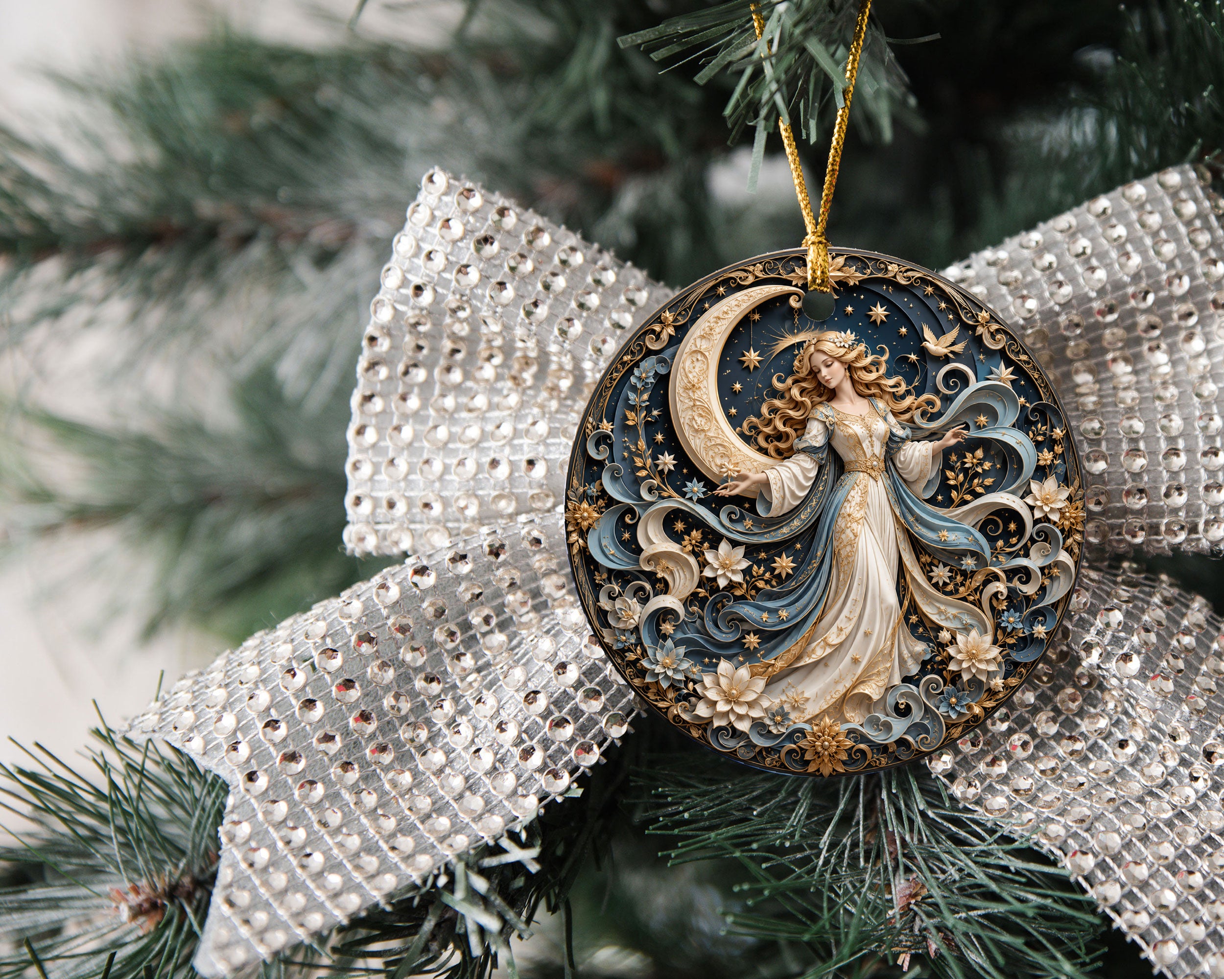 Elegant Christmas Ornament 2026, Angel with Moon and Stars Ornament, Holiday Tree Decoration