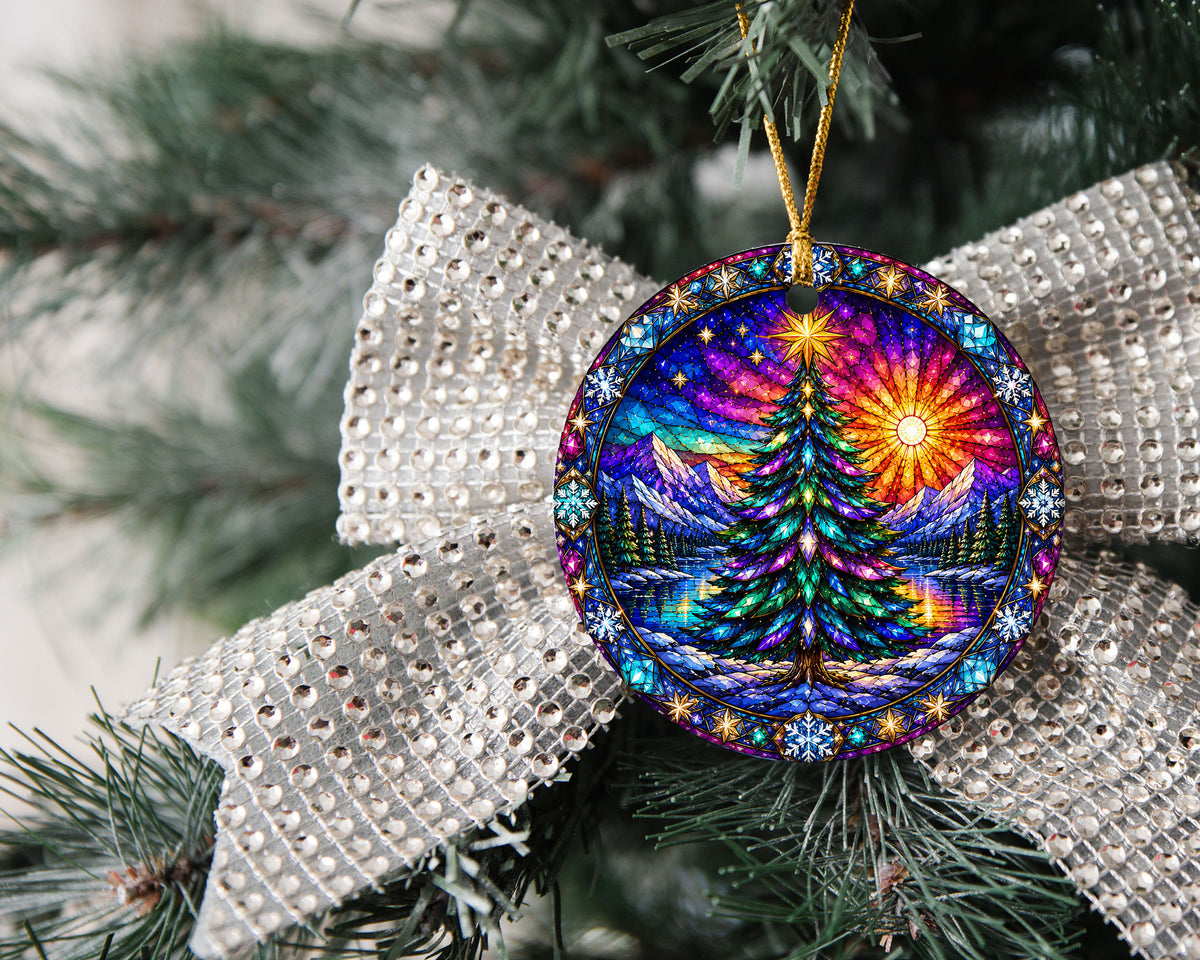 Colorful Stained Glass Christmas Tree Ornament 2026, Winter Mountain Lake Suncatcher Style, Holiday Decor