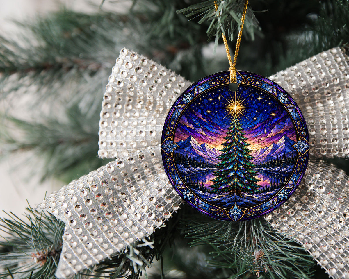 Christmas Tree Suncatcher Style Ornament 2026, Colorful Winter Mountain Scene Decoration