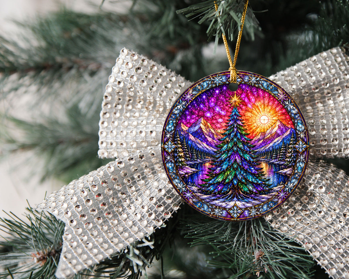 Stained Glass Style Christmas Ornament 2026, Colorful Evergreen Tree with Mountain Lake, Holiday Tree Decoration