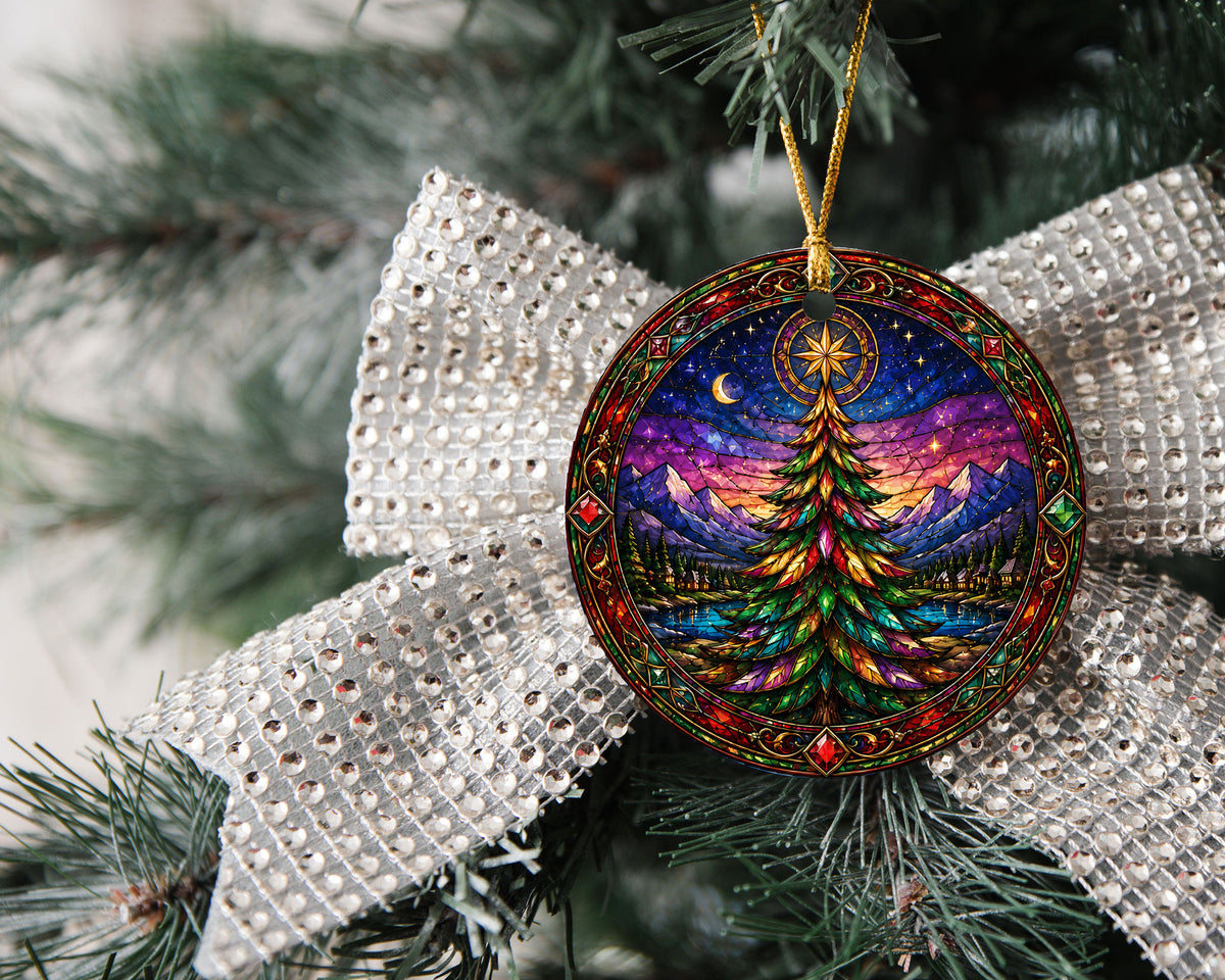 Christmas Tree Holiday Ornament 2026, Colorful Stained Glass Inspired Winter Scene, Festive Christmas Decoration