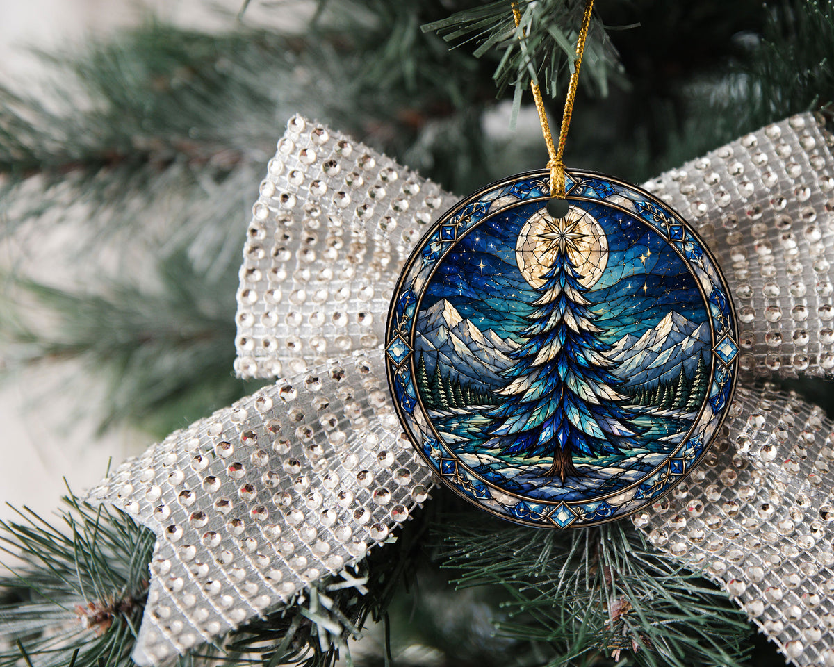 Winter Christmas Tree Ornament 2026, Colorful Mountain Landscape Holiday Decor, Stained Glass Inspired Christmas Gift
