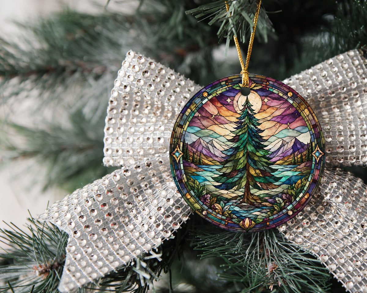 Vintage Christmas Tree Ornament 2026, Holiday Winter Landscape Decor, Stained Glass Inspired Christmas Keepsake