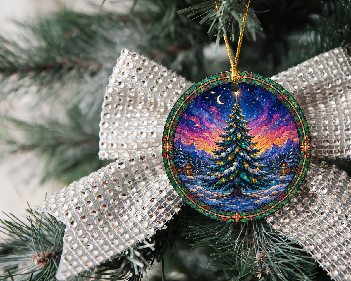 Stained Glass Inspired Christmas Tree Ornament 2026, Colorful Holiday Winter Landscape Decoration