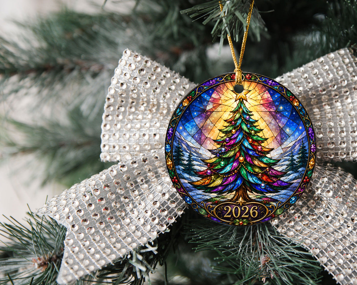 Christmas Tree Ornament 2026, Colorful Stained Glass Inspired Winter Mountain Landscape, Holiday Decoration