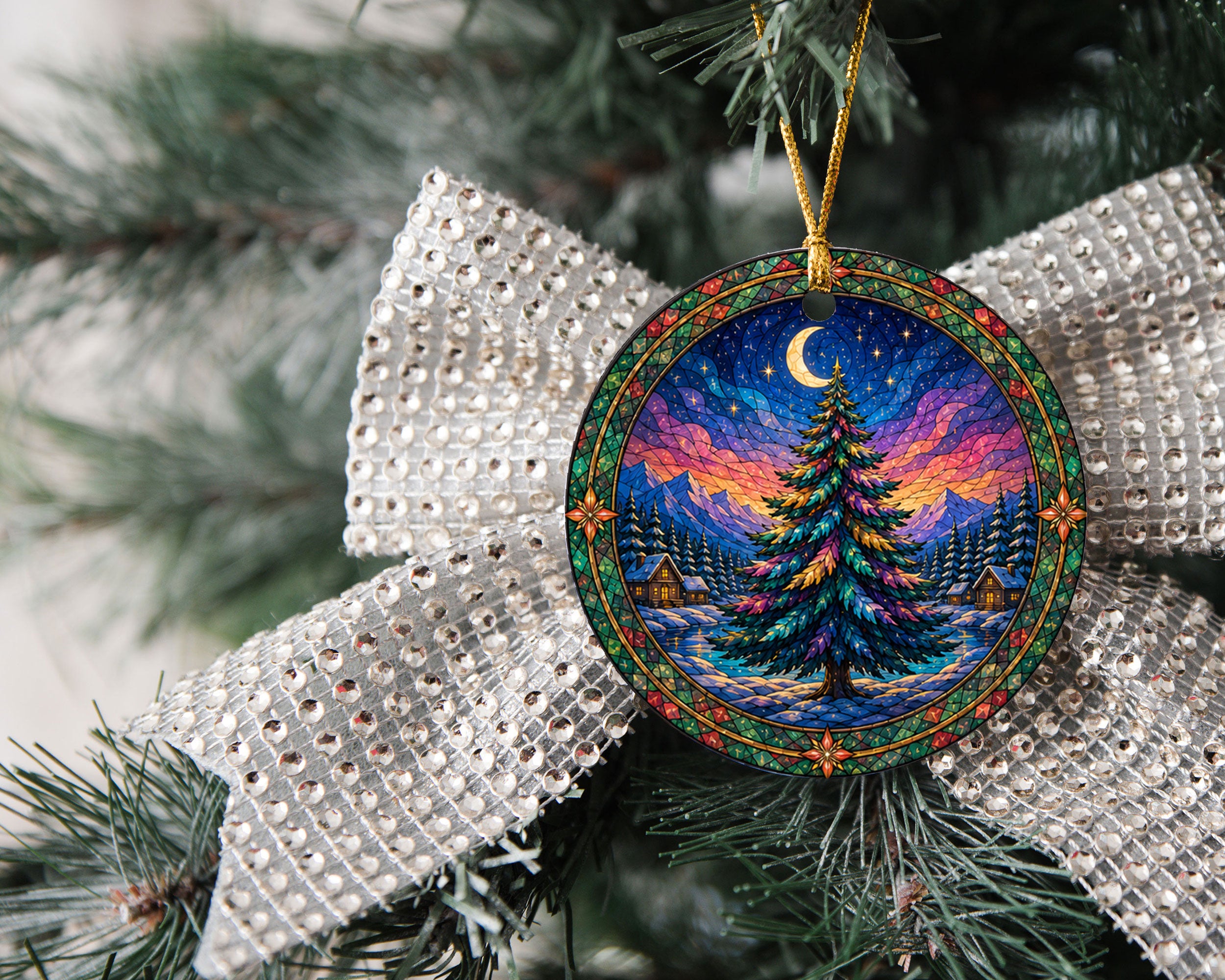 Winter Christmas Tree Ornament 2026, Aurora Sky Christmas Decor, Holiday Ornament, Snowy Mountain Landscape