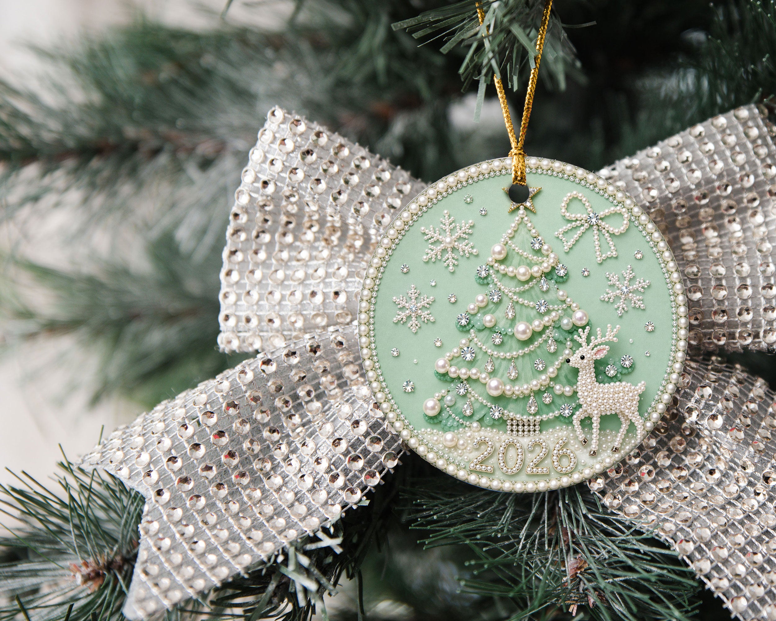 Pearl 2D Design Christmas Tree Ornament 2026, Elegant Deer and Snowflake Holiday Decoration, Christmas Keepsake Gift for Family and Friends