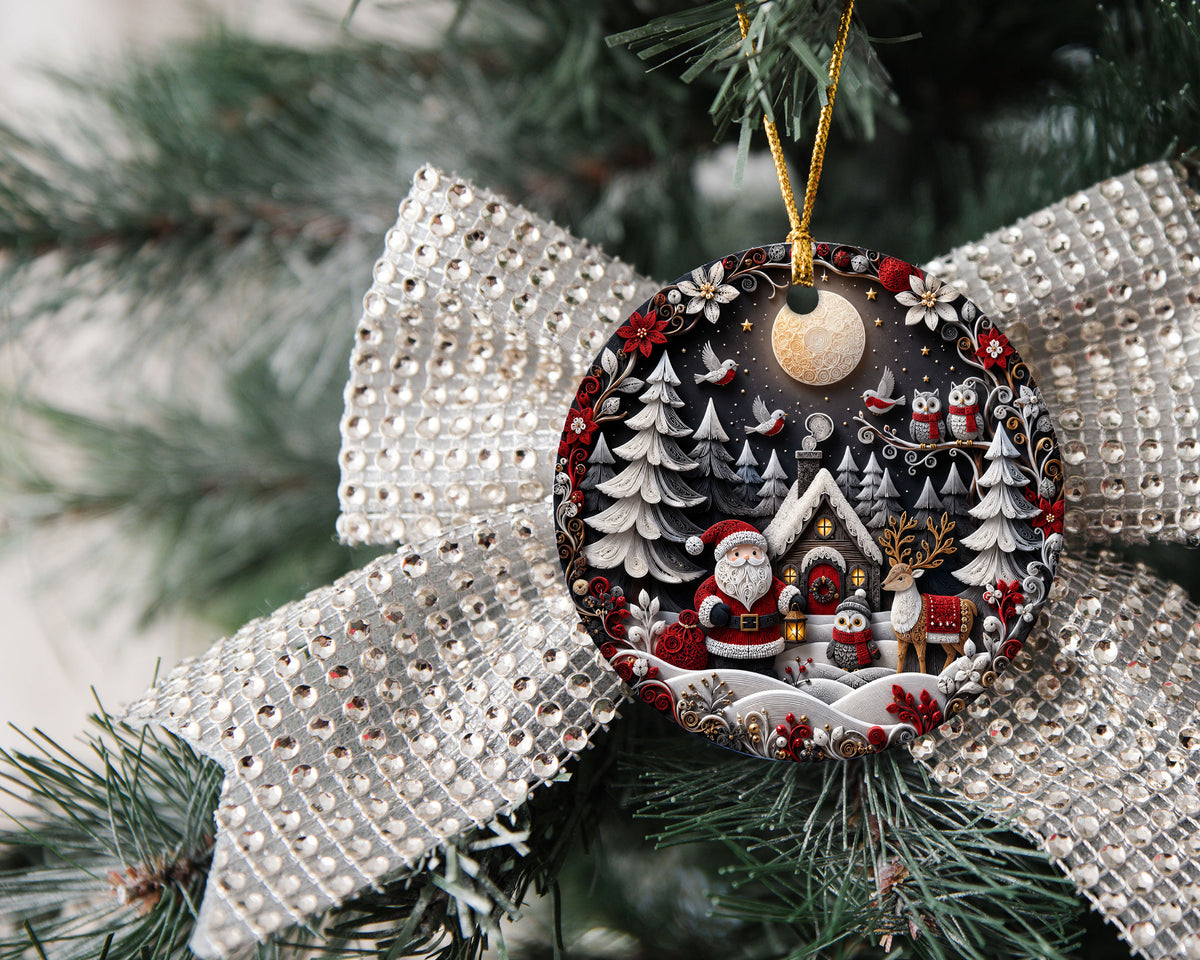 Holiday Christmas Ornament 2026, Santa Owl Deer Robin Forest Cabin Winter Scene, Christmas Tree Decoration, Festive Keepsake Gift