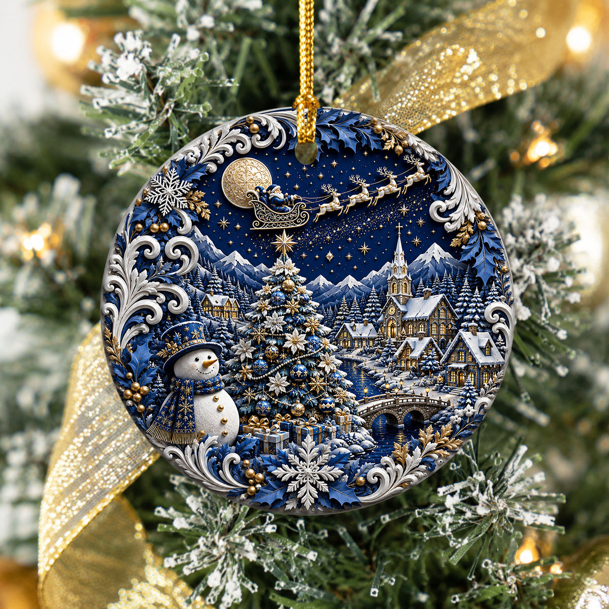 Blue Christmas Ornament 2026, Snowman Christmas Tree Ornament, Winter Village Ceramic Ornament