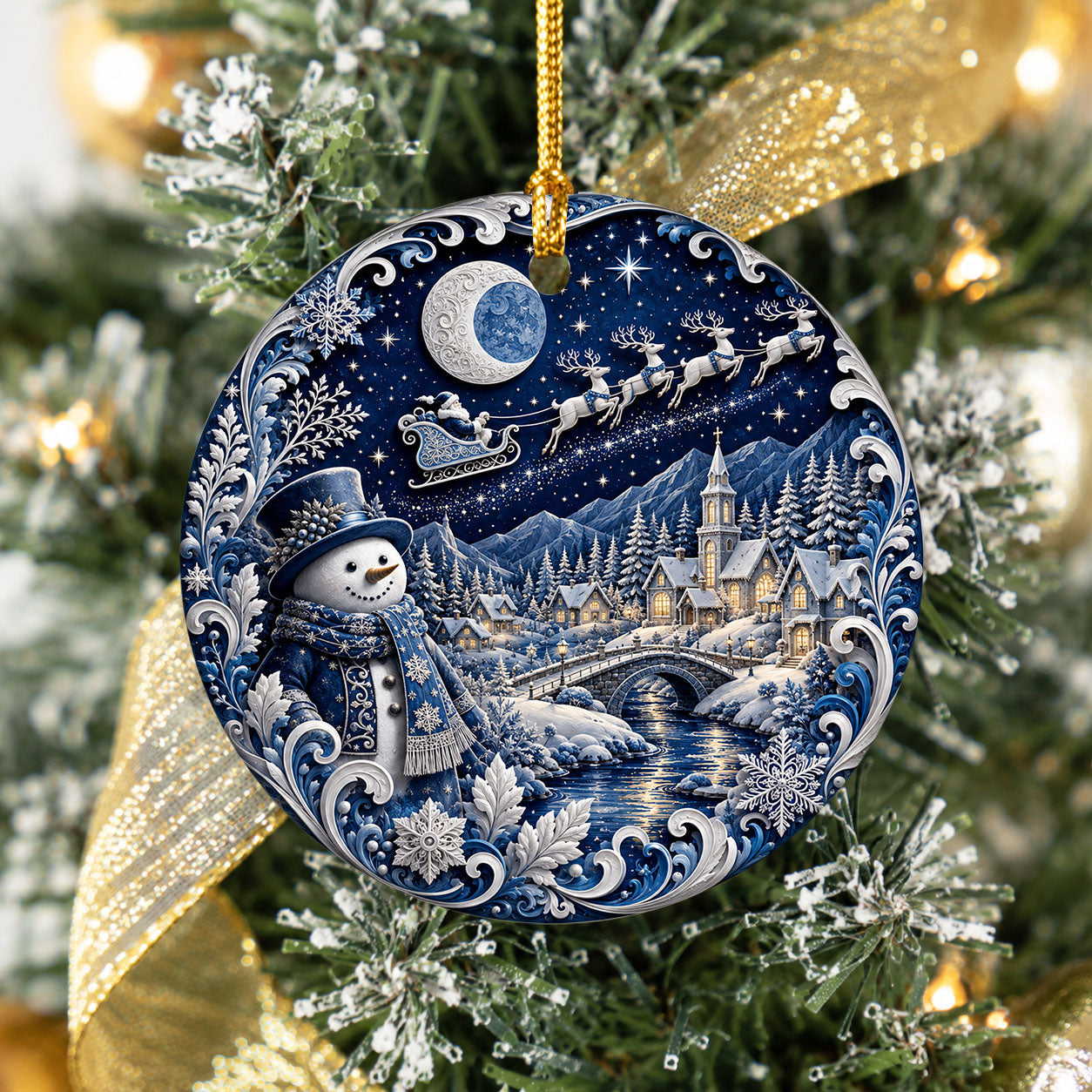 Blue Christmas Village Ornament 2026, Snowman Holiday Ornament, Ceramic Christmas Decoration