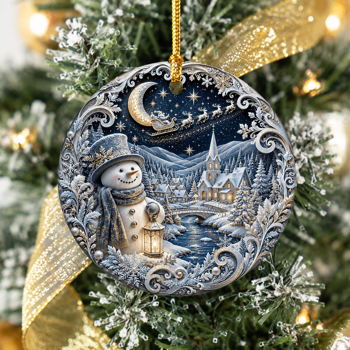 Blue Christmas Village Ornament 2026, Snowman Holiday Ornament, Ceramic Christmas Decoration, Winter Home Decor