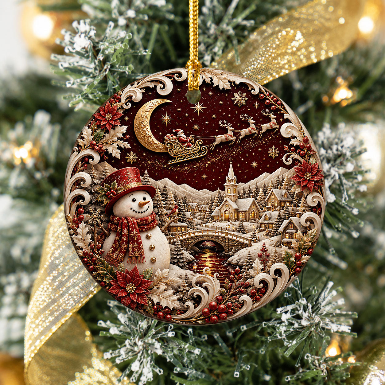 Red Snowman Christmas Ornament 2026, Winter Village Tree Ornament, Ceramic Holiday Decoration
