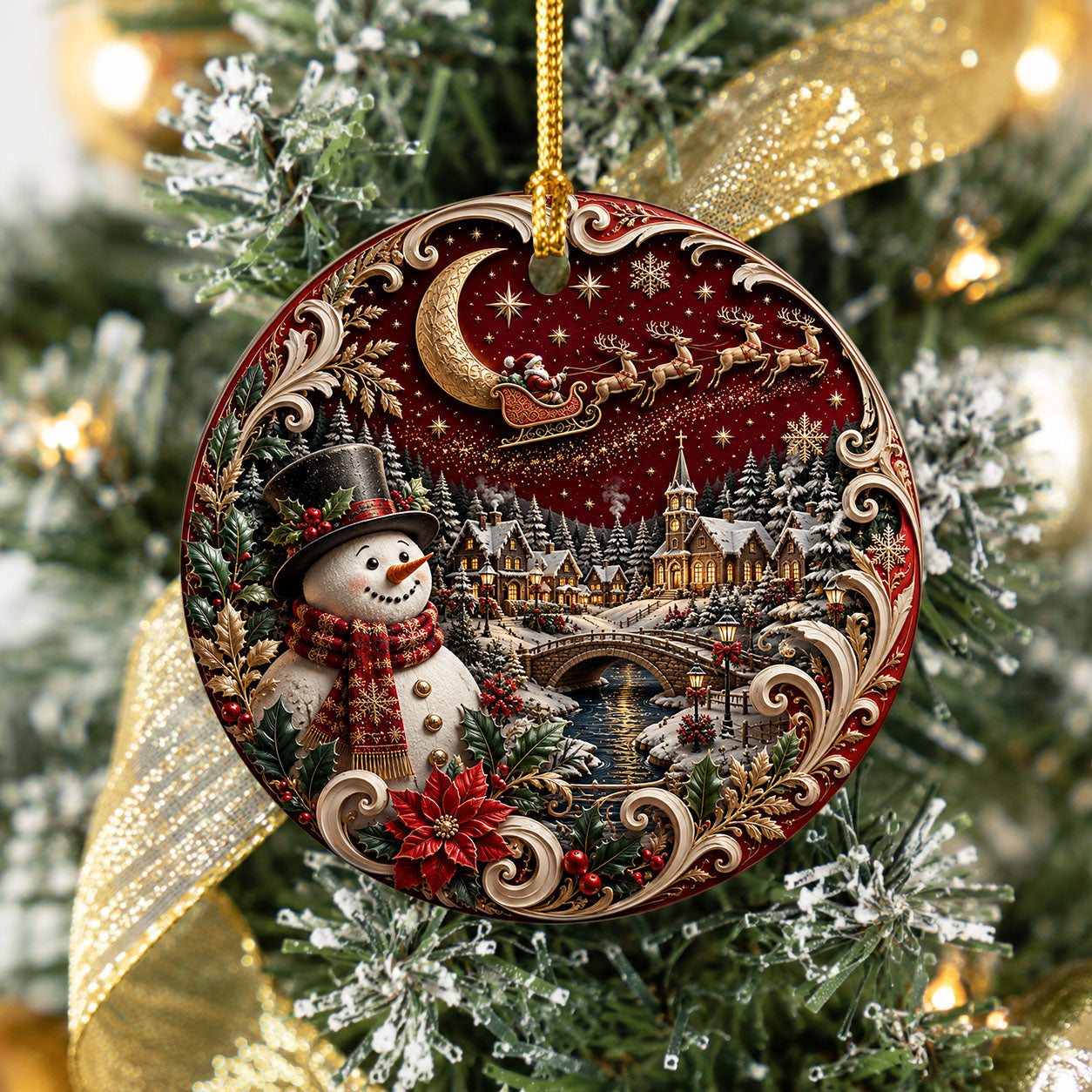 Christmas Tree Ornament 2026 with Snowman and Winter Village, Red Ceramic Ornament, Holiday Decoration