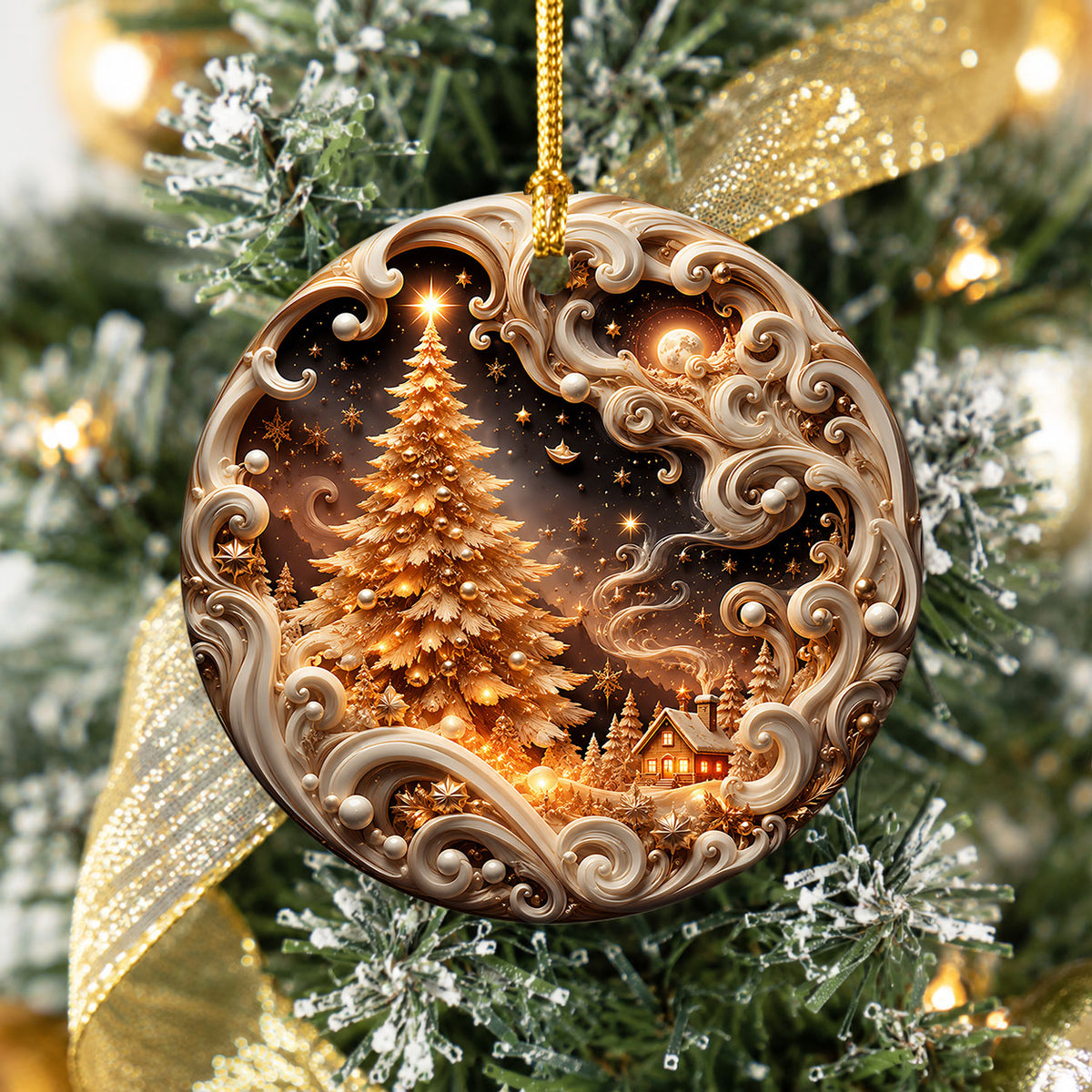 Elegant Christmas Tree Ornament 2026, Golden Winter Landscape Ornament, Holiday Keepsake Decoration