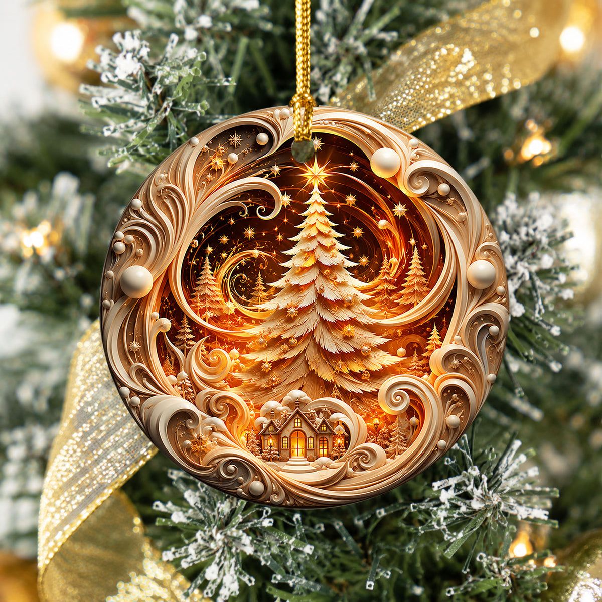Ceramic Christmas Tree Ornament 2026, Gold Christmas Decoration, Holiday Keepsake Ornament, Christmas Gift for Home and Family